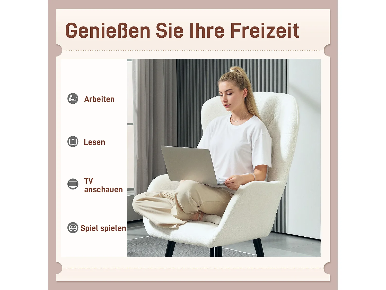 Fauteuil relax, avec coussin lombaire, tissu teddy, pieds en bois, dossier capitonné, blanc (88x75x106 cm)