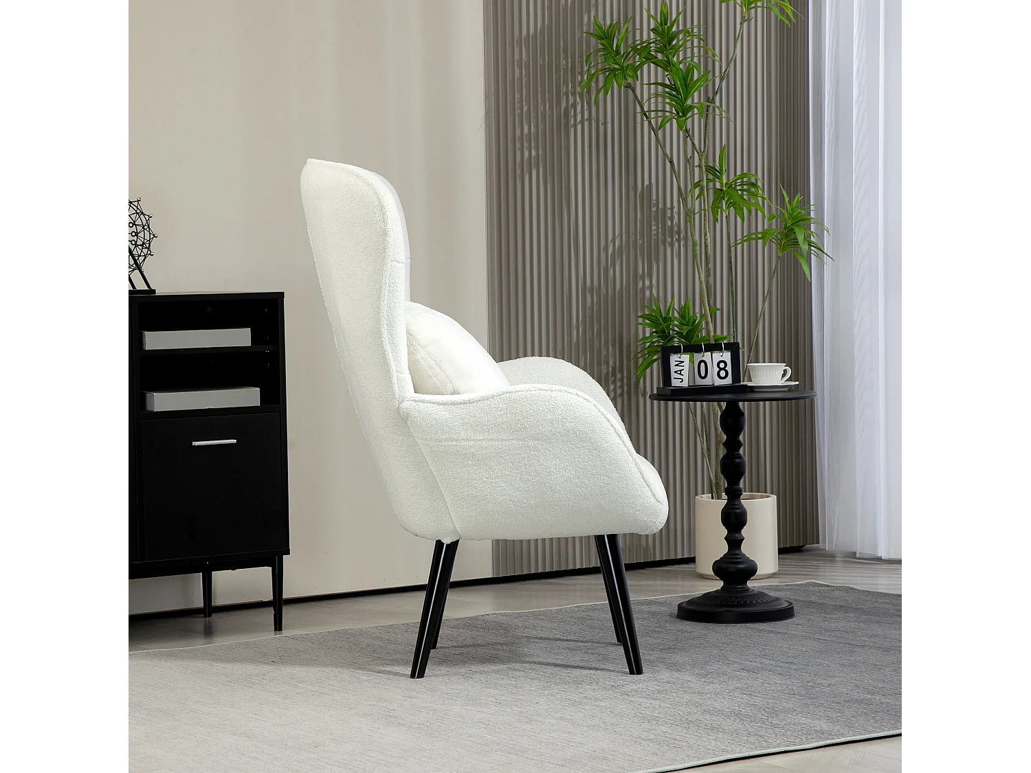 Fauteuil relax, avec coussin lombaire, tissu teddy, pieds en bois, dossier capitonné, blanc (88x75x106 cm)