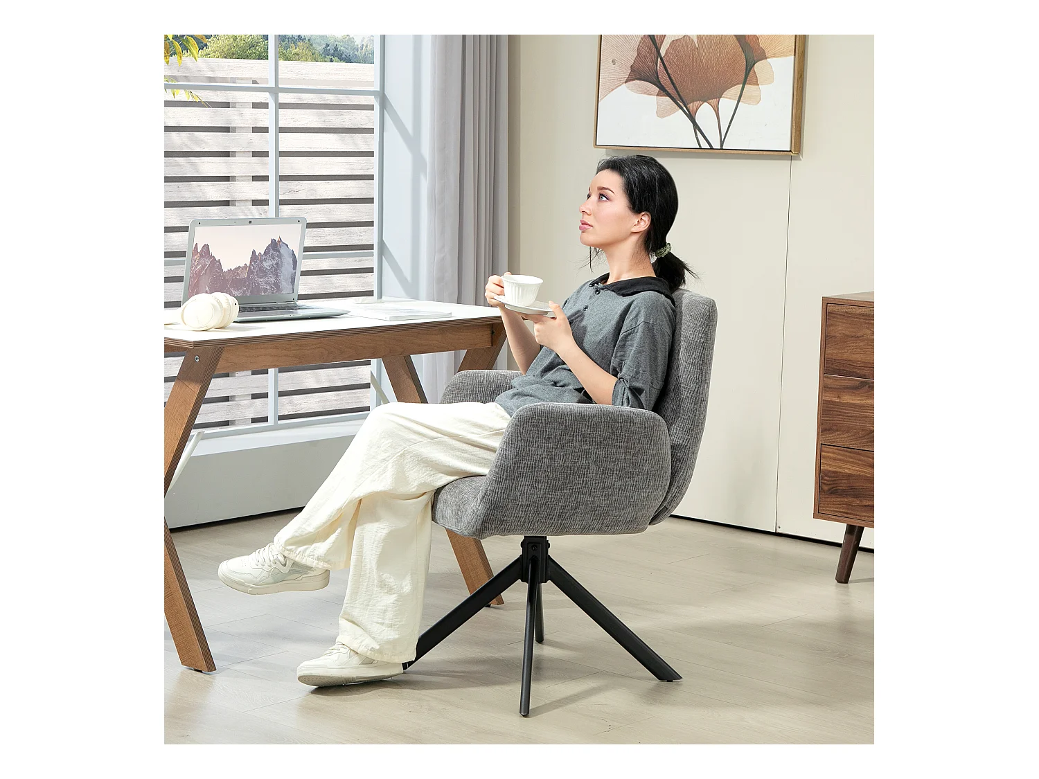 Fauteuil lounge pivotant, tissu laine et lin, design moderne, pieds acier gris foncé (60x61x88cm)