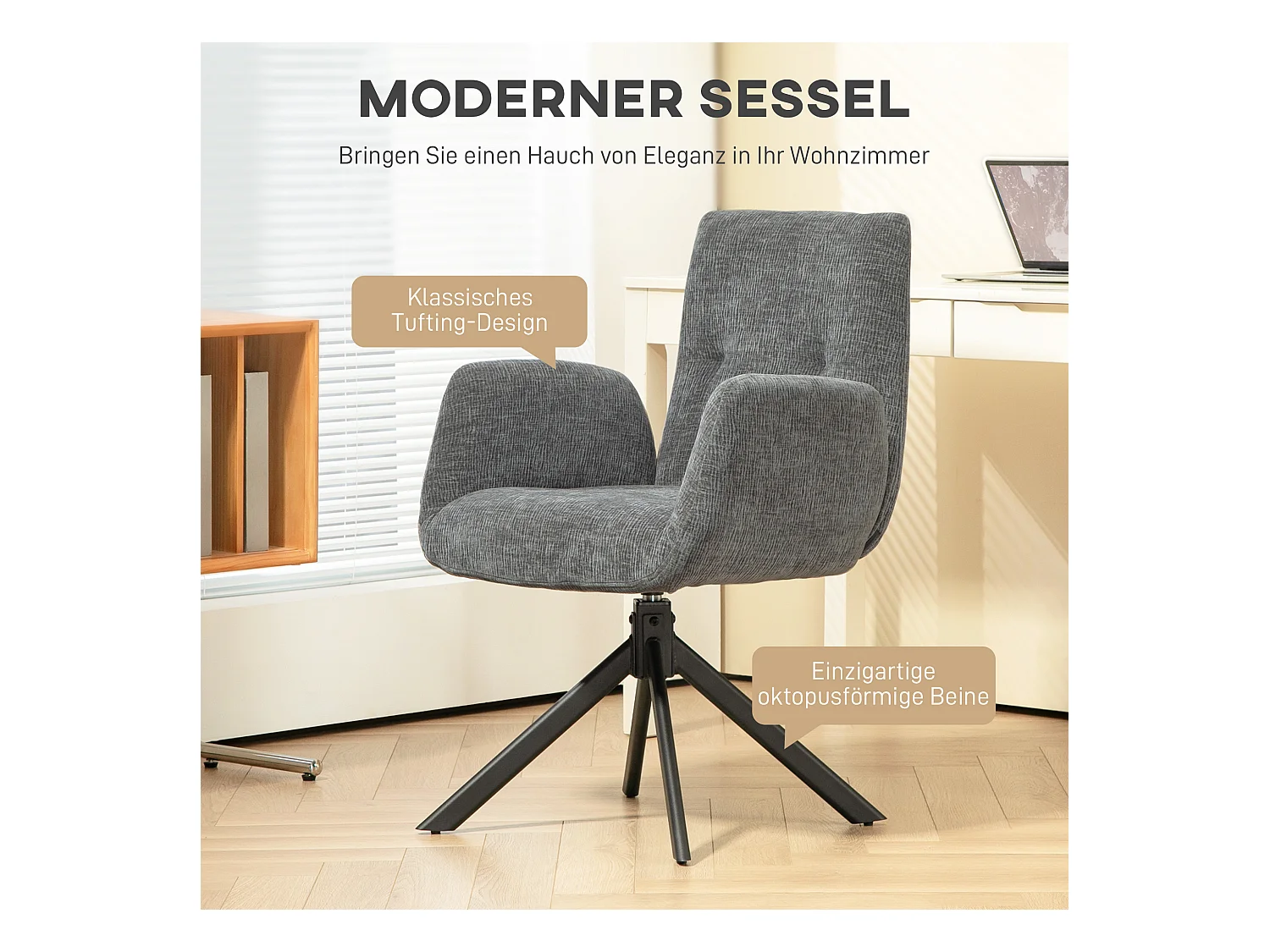 Fauteuil lounge pivotant, tissu laine et lin, design moderne, pieds acier gris foncé (60x61x88cm)