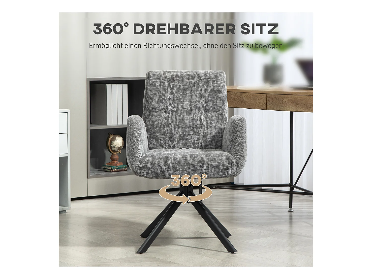 Fauteuil lounge pivotant, tissu laine et lin, design moderne, pieds acier gris foncé (60x61x88cm)