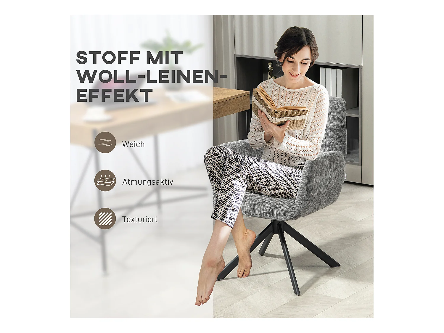 Fauteuil lounge pivotant, tissu laine et lin, design moderne, pieds acier gris foncé (60x61x88cm)