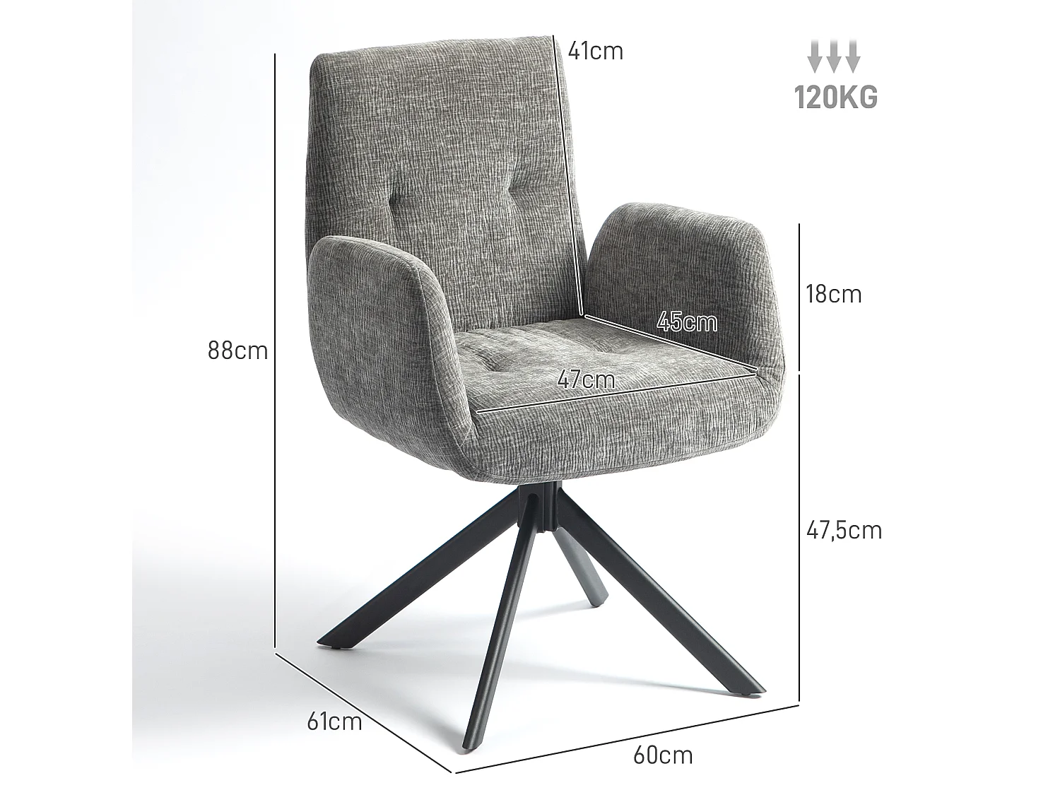 Sillón giratorio, tejido de lana y lino, diseño moderno, patas de acero gris oscuro (60x61x88cm)