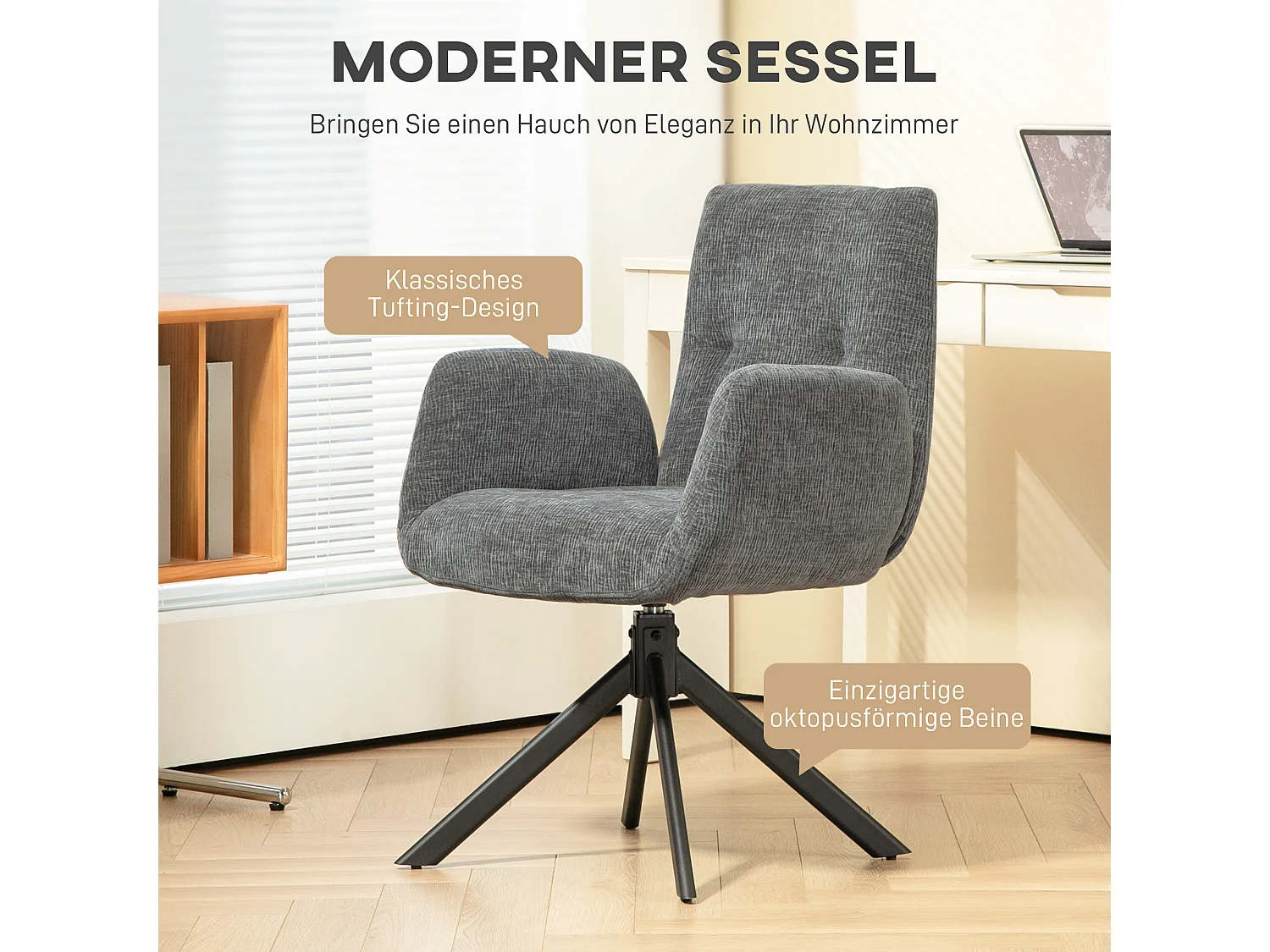 Sillón giratorio, tejido de lana y lino, diseño moderno, patas de acero gris oscuro (60x61x88cm)