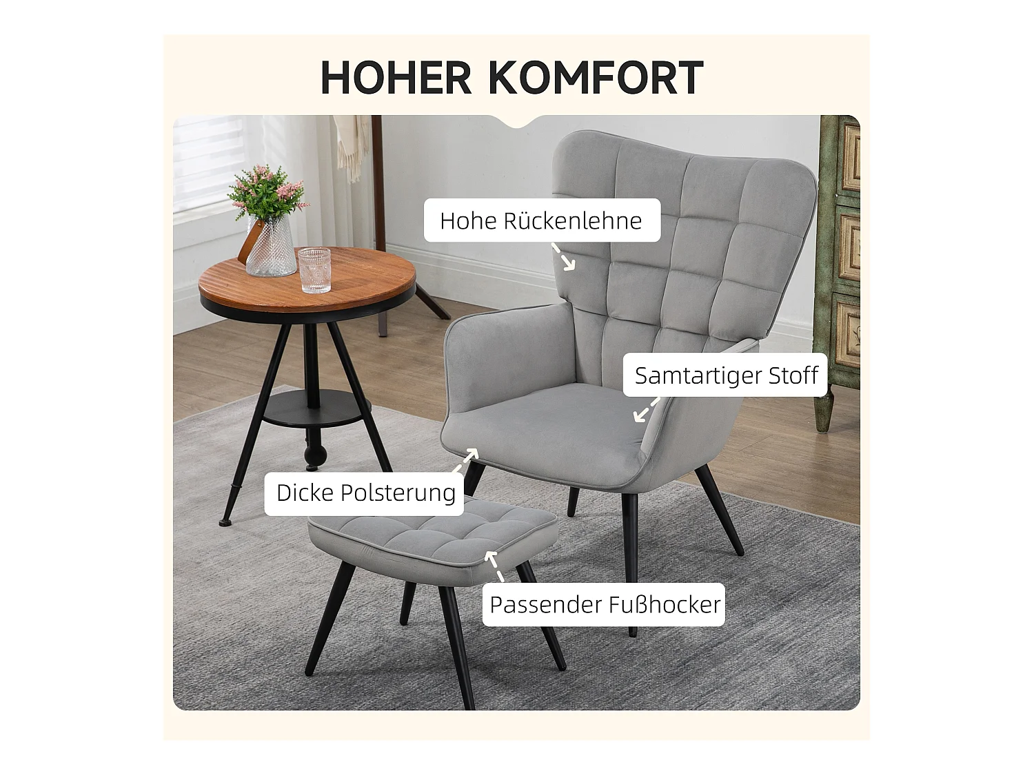 Fauteuil avec repose-pieds, en tissu velours, pieds en bois, jusqu'à 120 kg, crème (73x77.5x98 cm)