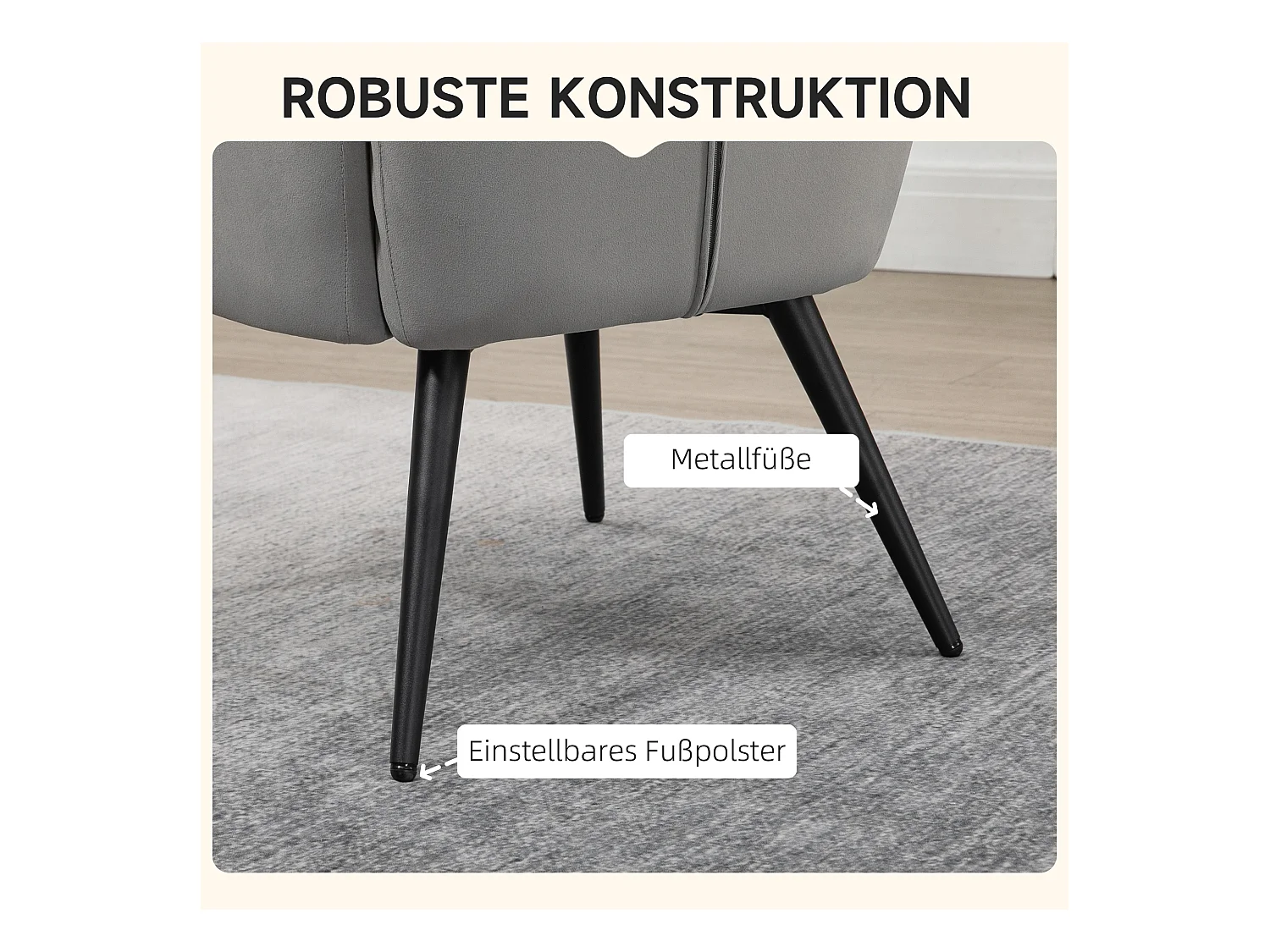 Fauteuil avec repose-pieds, en tissu velours, pieds en bois, jusqu'à 120 kg, crème (73x77.5x98 cm)