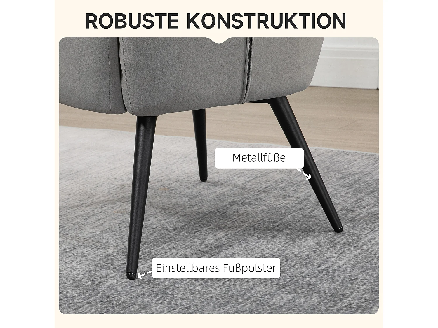 Poltrona con poggiapiedi, tessuto in velluto, gambe in legno, fino a 120 kg, crema (73x77,5x98 cm)