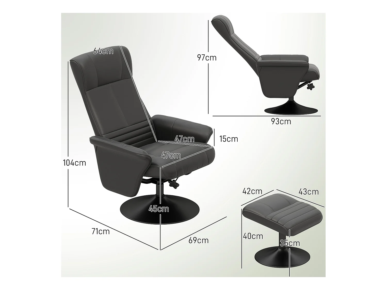 Fauteuil de relaxation avec repose-pieds, pivotant 360°, fonction inclinaison, polyester, noir (69x71x104 cm)
