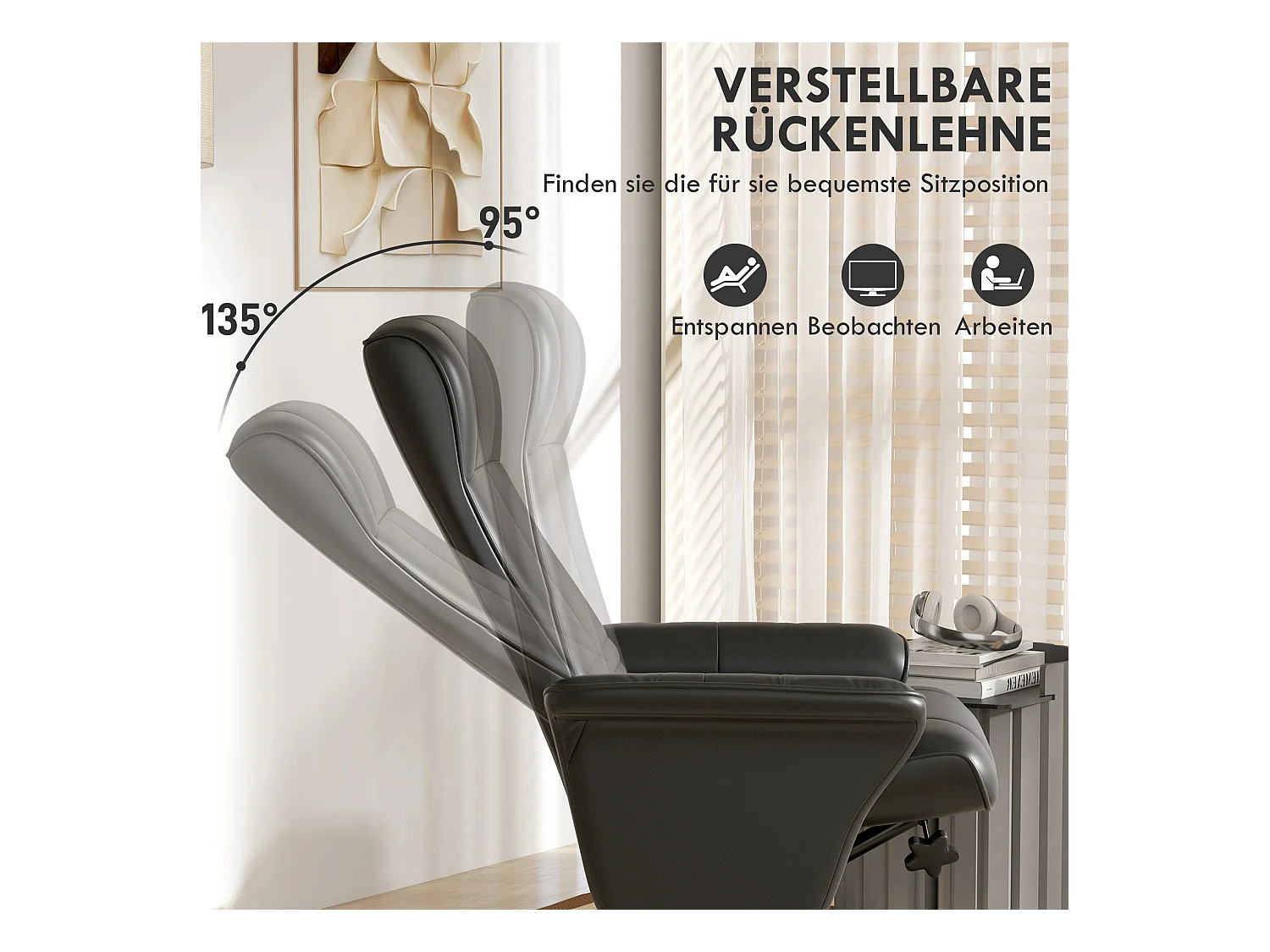 Fauteuil de relaxation avec repose-pieds, pivotant 360°, fonction inclinaison, polyester, noir (69x71x104 cm)