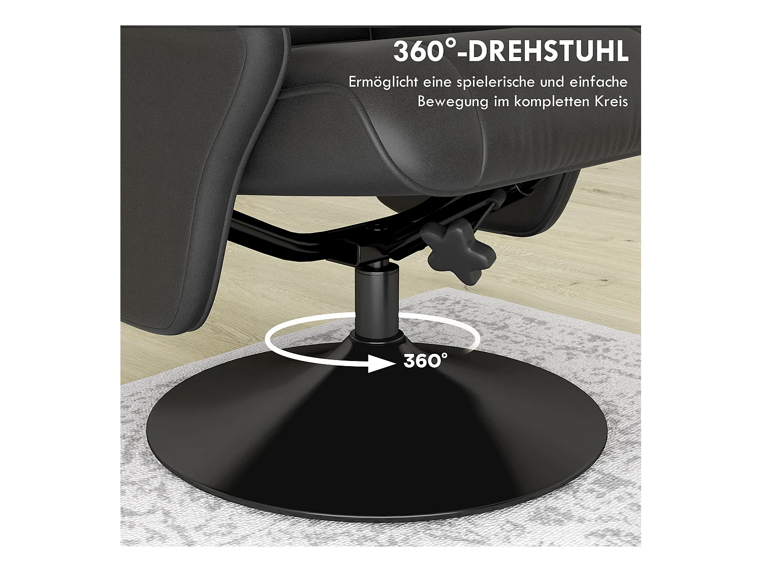 Fauteuil de relaxation avec repose-pieds, pivotant 360°, fonction inclinaison, polyester, noir (69x71x104 cm)