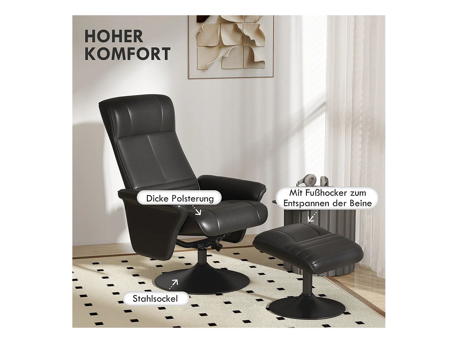 Fauteuil de relaxation avec repose-pieds, pivotant 360°, fonction inclinaison, polyester, noir (69x71x104 cm)