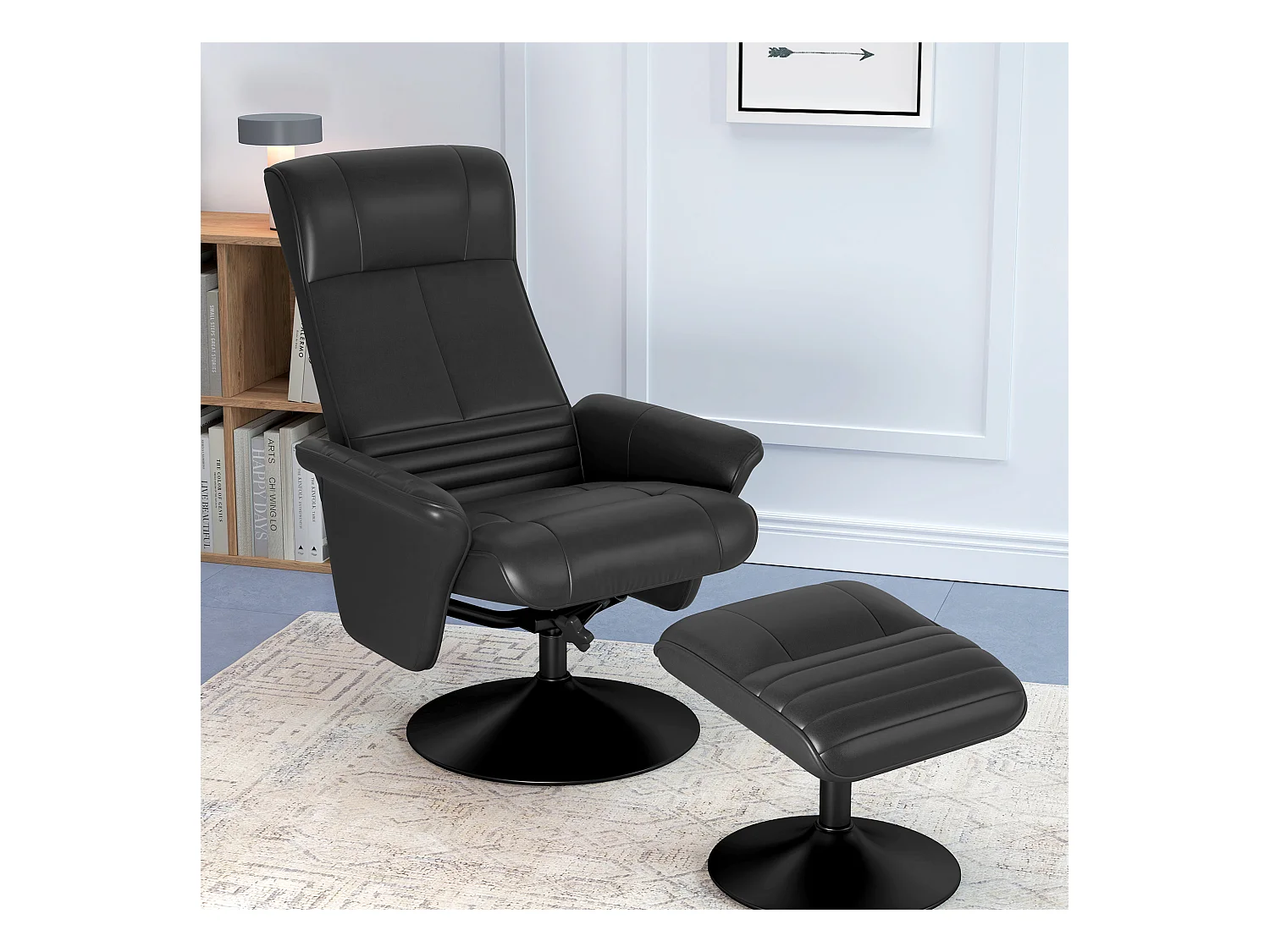 Fauteuil de relaxation avec repose-pieds, pivotant 360°, fonction inclinaison, polyester, noir (69x71x104 cm)