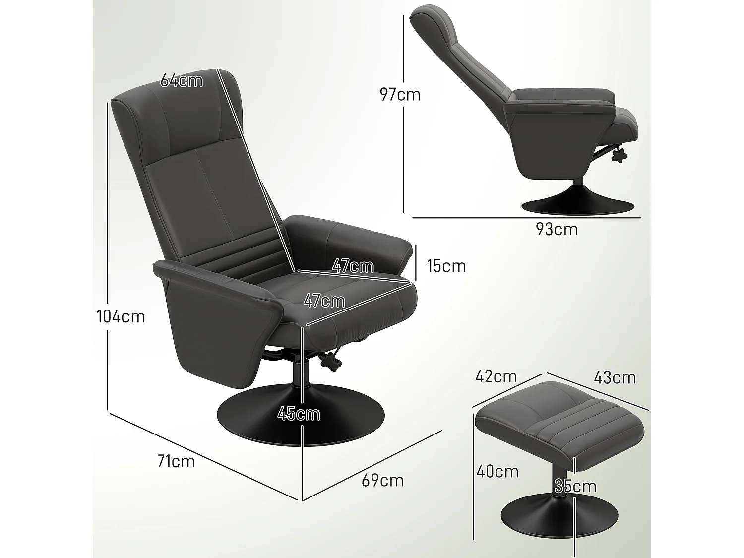 Fauteuil de relaxation avec repose-pieds, pivotant 360°, fonction inclinaison, polyester, noir (69x71x104 cm)