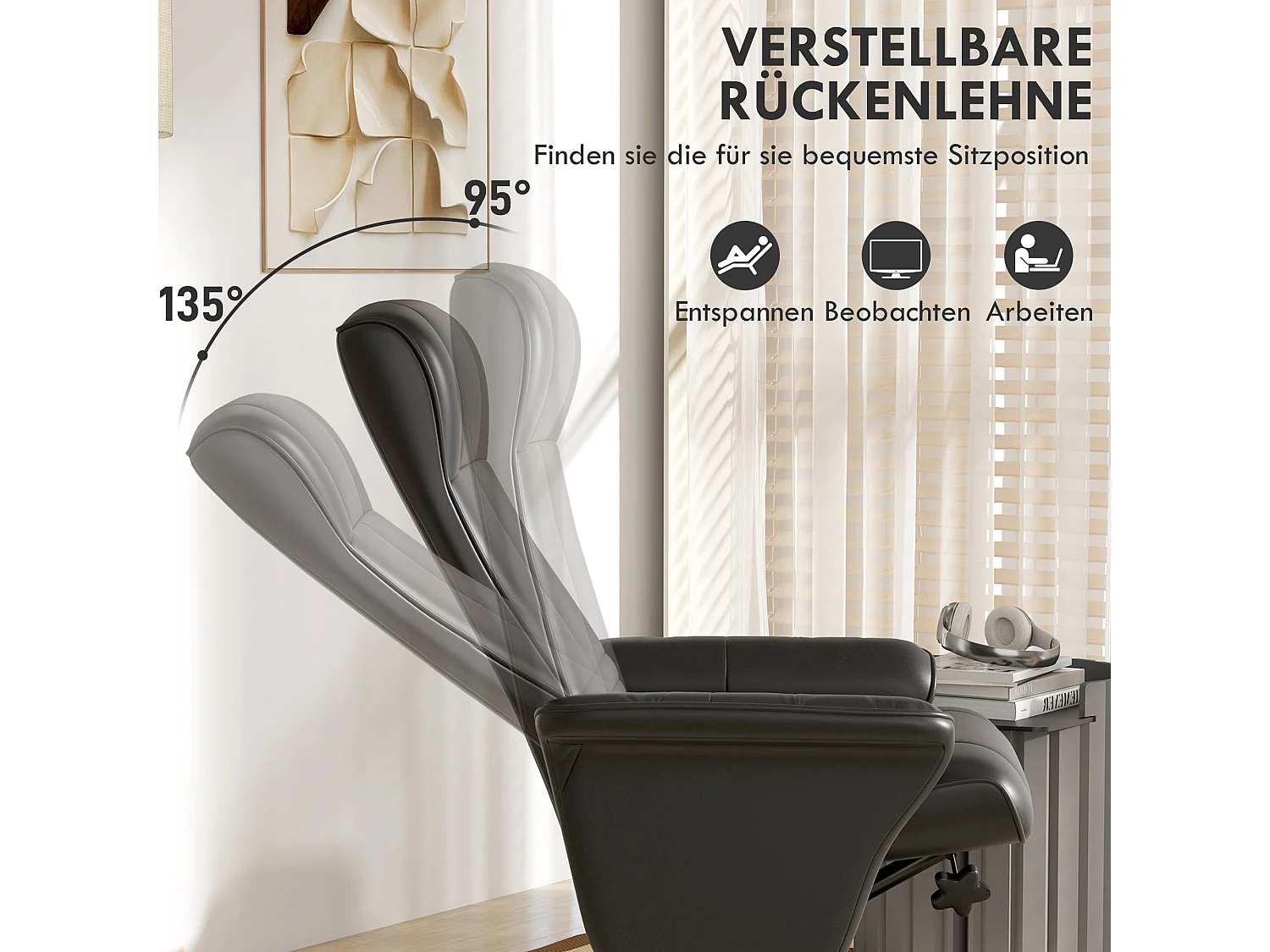 Fauteuil de relaxation avec repose-pieds, pivotant 360°, fonction inclinaison, polyester, noir (69x71x104 cm)