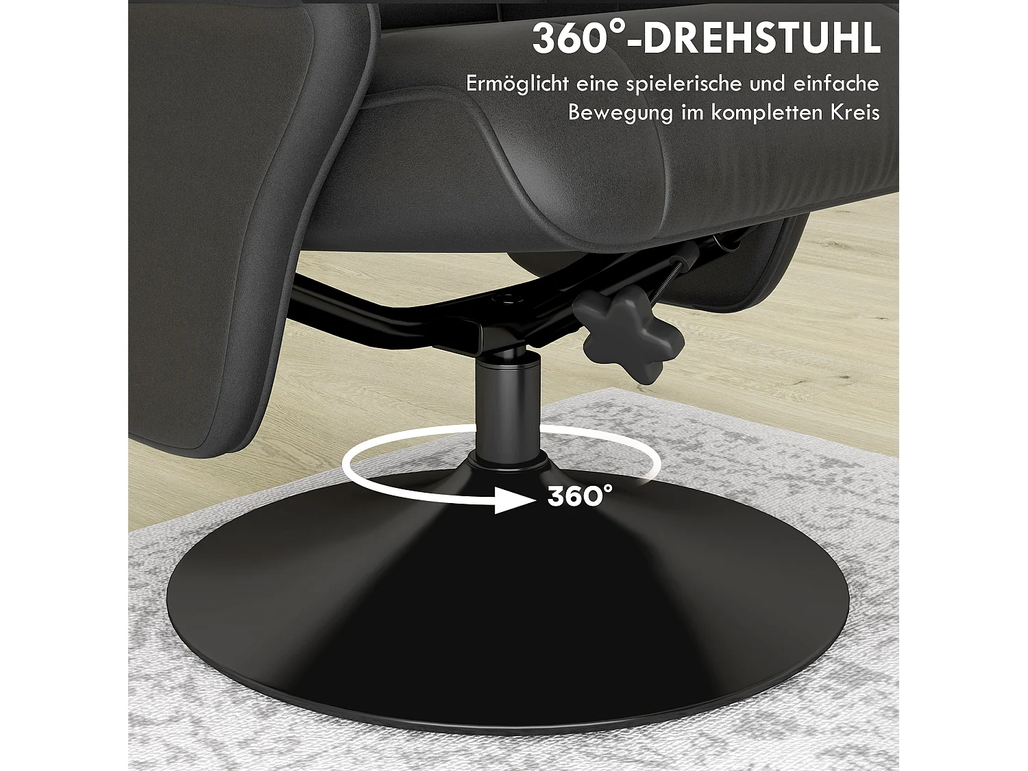 Fauteuil de relaxation avec repose-pieds, pivotant 360°, fonction inclinaison, polyester, noir (69x71x104 cm)
