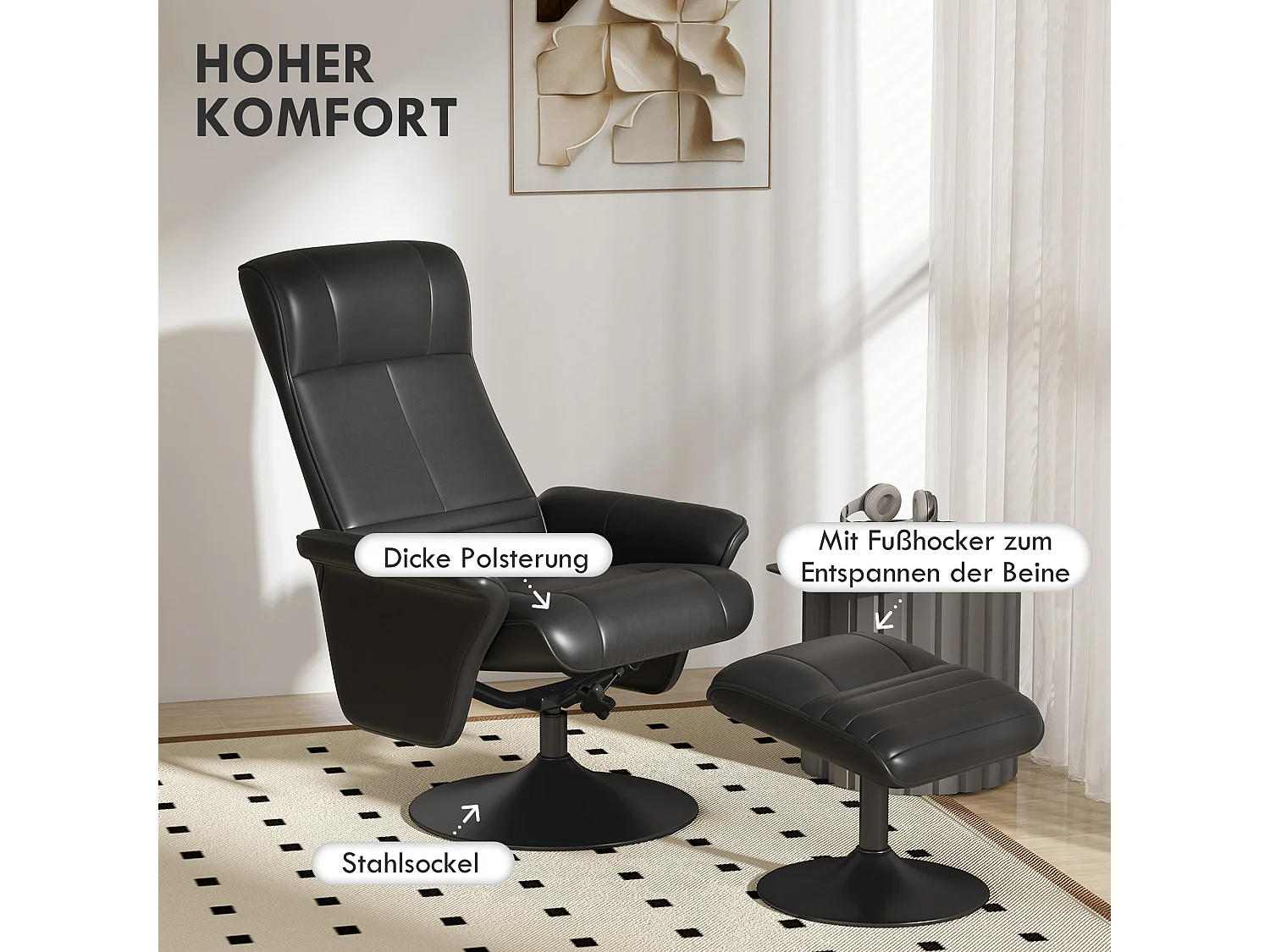 Fauteuil de relaxation avec repose-pieds, pivotant 360°, fonction inclinaison, polyester, noir (69x71x104 cm)