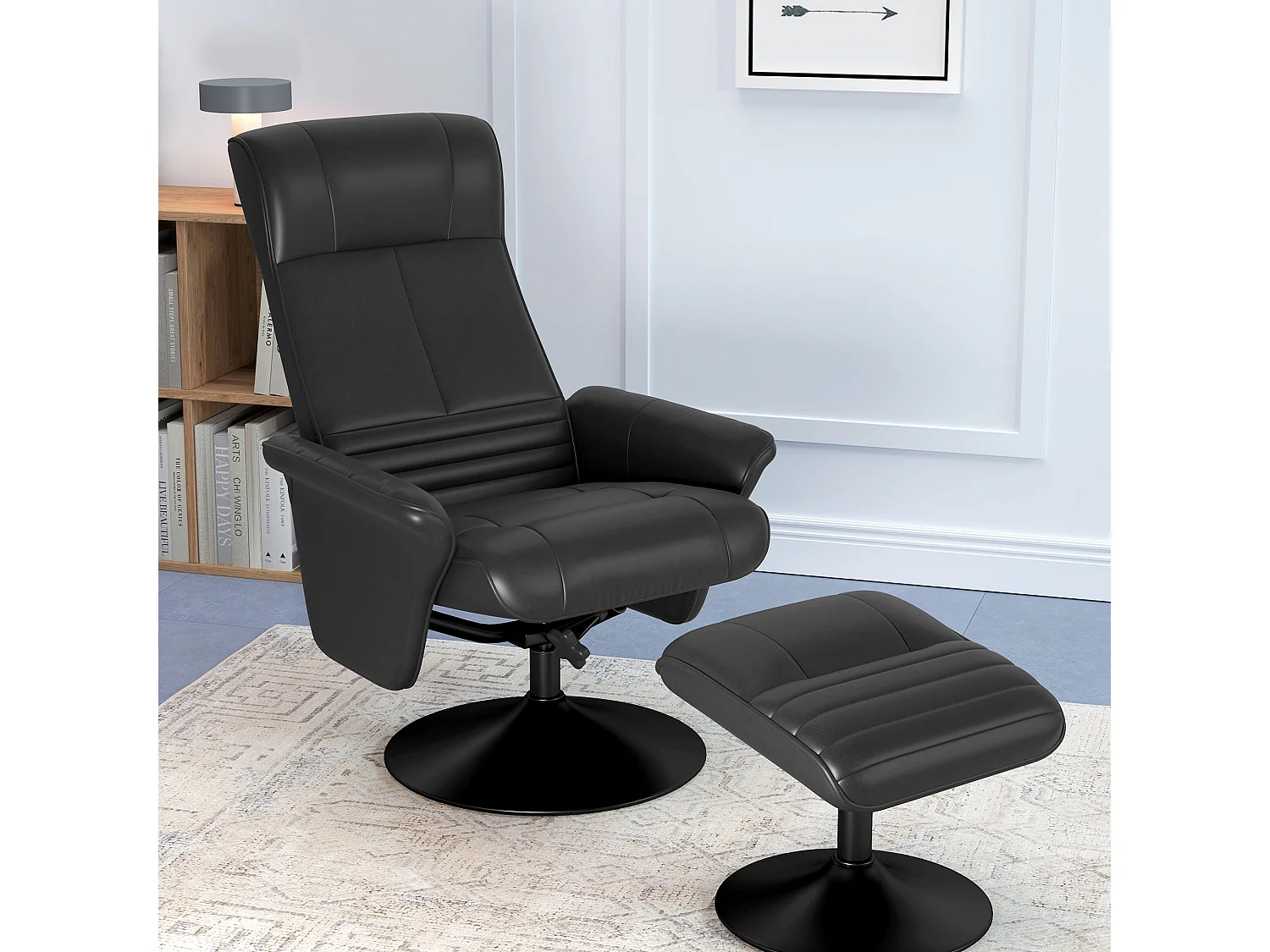 Fauteuil de relaxation avec repose-pieds, pivotant 360°, fonction inclinaison, polyester, noir (69x71x104 cm)