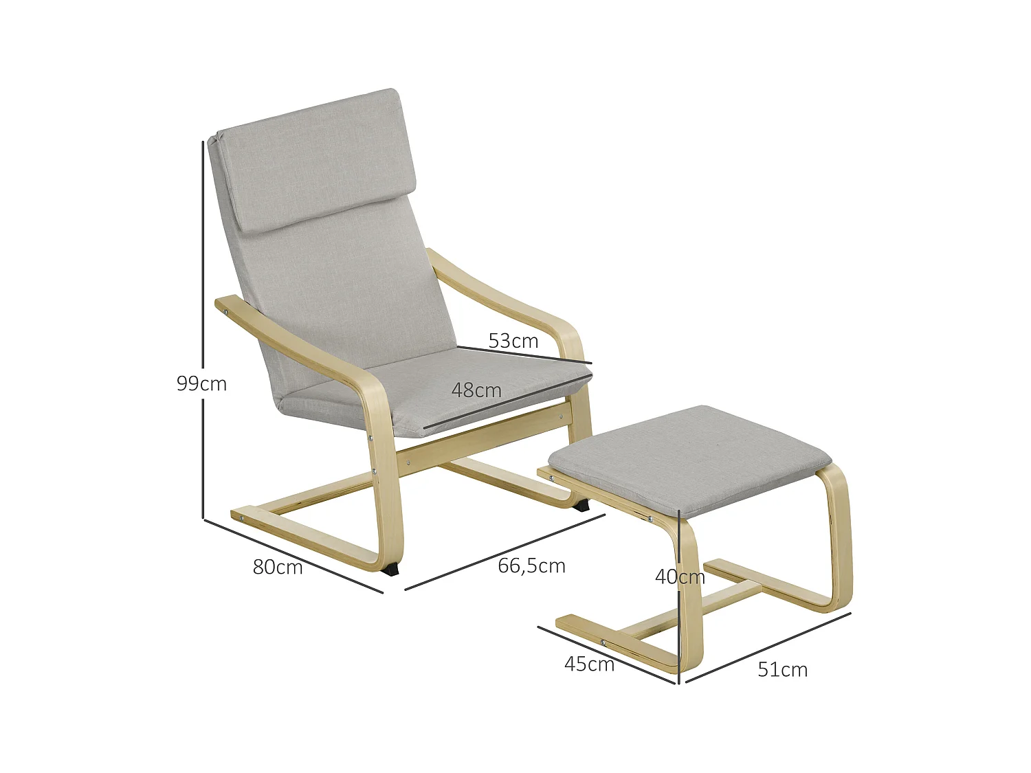 Fauteuil met poef en armleuningen, linnen stof, eucalyptus frame, lichtgrijs (66,5x80x99 cm)