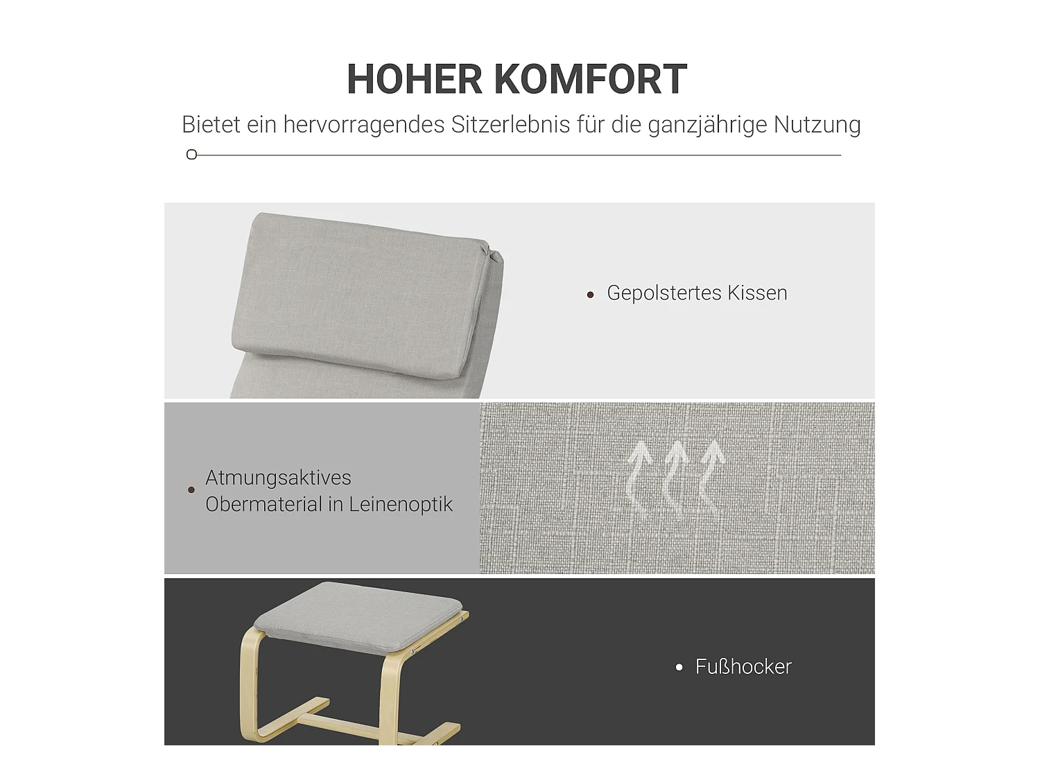 Fauteuil met poef en armleuningen, linnen stof, eucalyptus frame, lichtgrijs (66,5x80x99 cm)