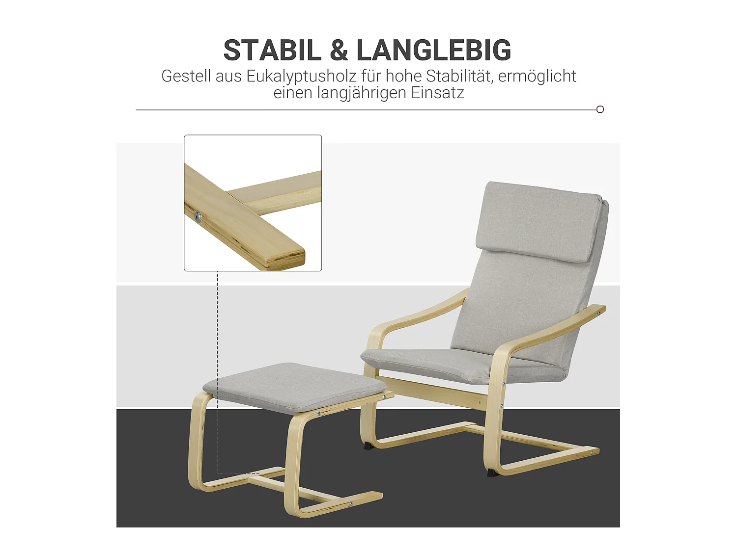 Fauteuil met poef en armleuningen, linnen stof, eucalyptus frame, lichtgrijs (66,5x80x99 cm)