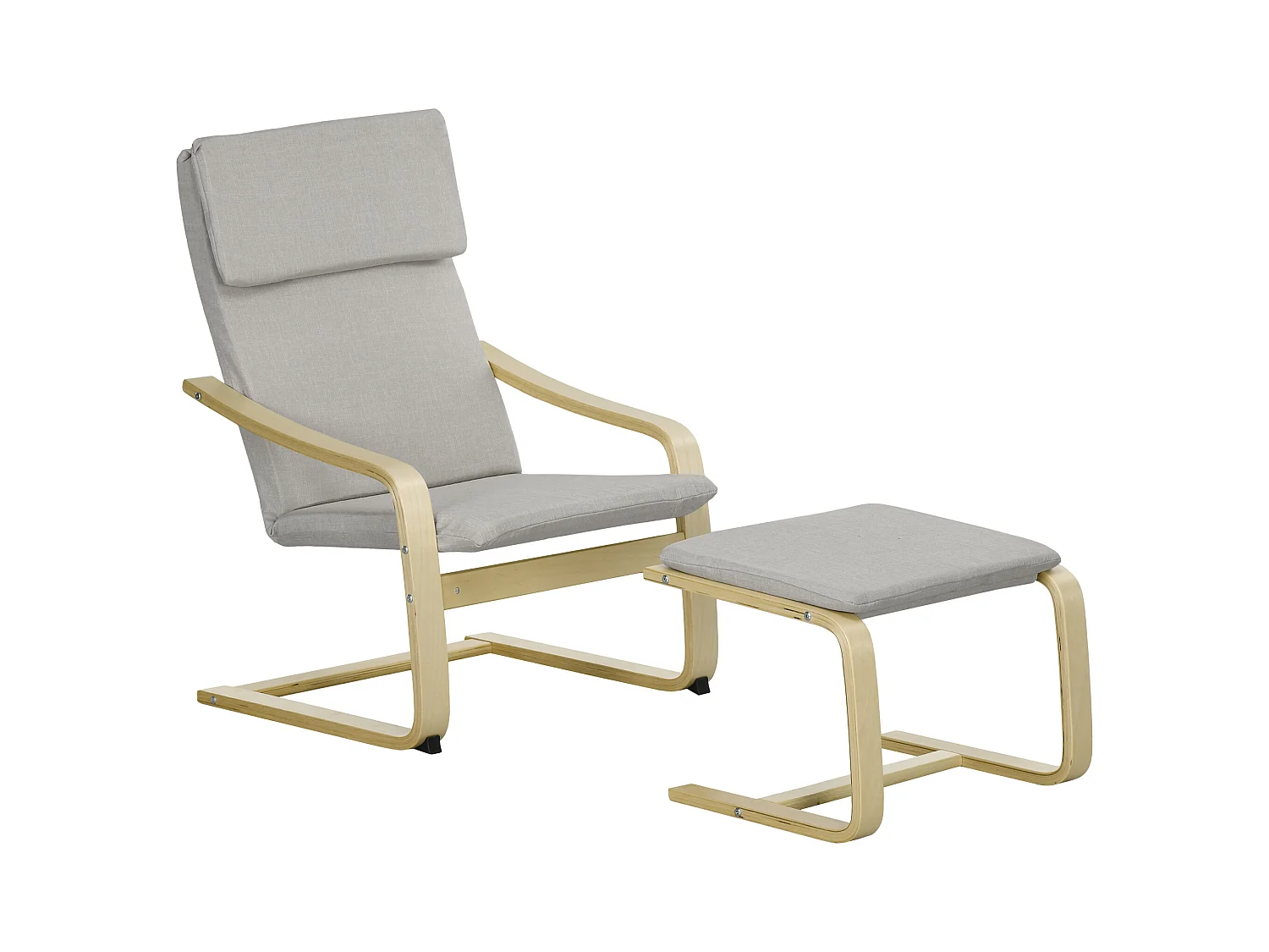 Fauteuil avec pouf et accoudoirs, tissu lin, cadre en eucalyptus, gris clair (66.5x80x99 cm)