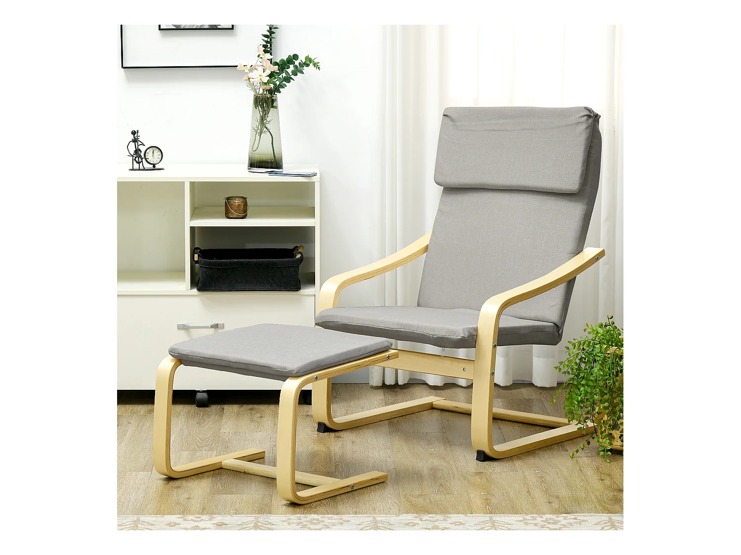 Fauteuil avec pouf et accoudoirs, tissu lin, cadre en eucalyptus, gris clair (66.5x80x99 cm)