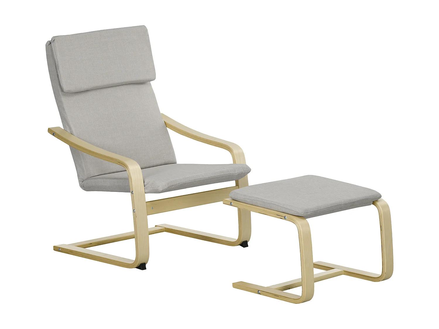 Fauteuil met poef en armleuningen, linnen stof, eucalyptus frame, lichtgrijs (66,5x80x99 cm)