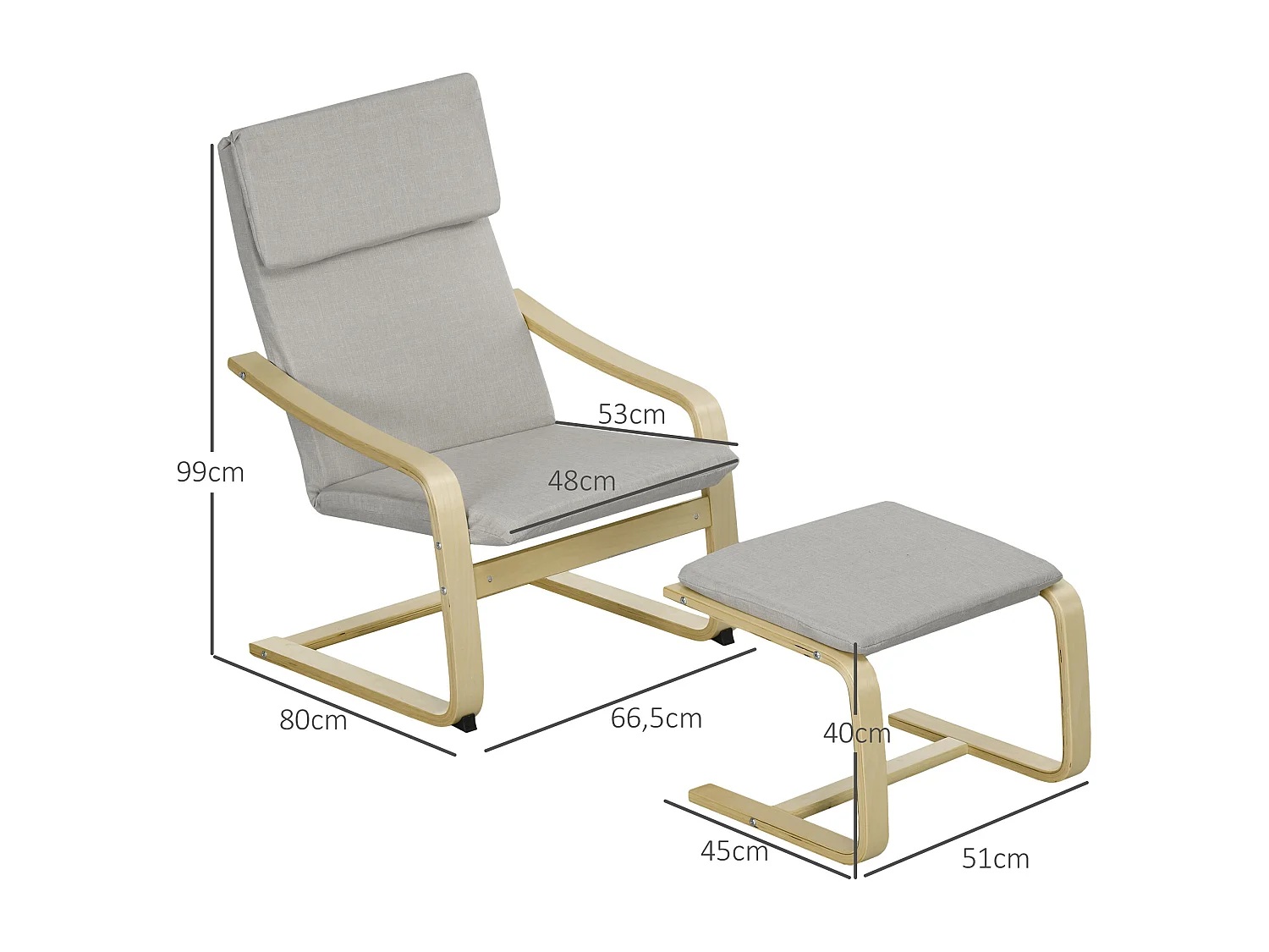 Fauteuil met poef en armleuningen, linnen stof, eucalyptus frame, lichtgrijs (66,5x80x99 cm)