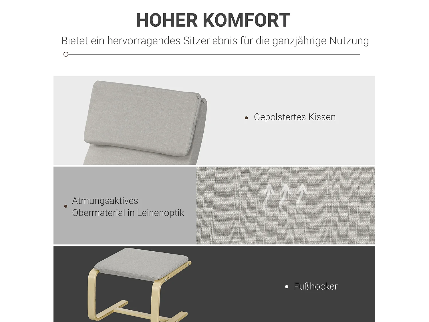 Fauteuil met poef en armleuningen, linnen stof, eucalyptus frame, lichtgrijs (66,5x80x99 cm)
