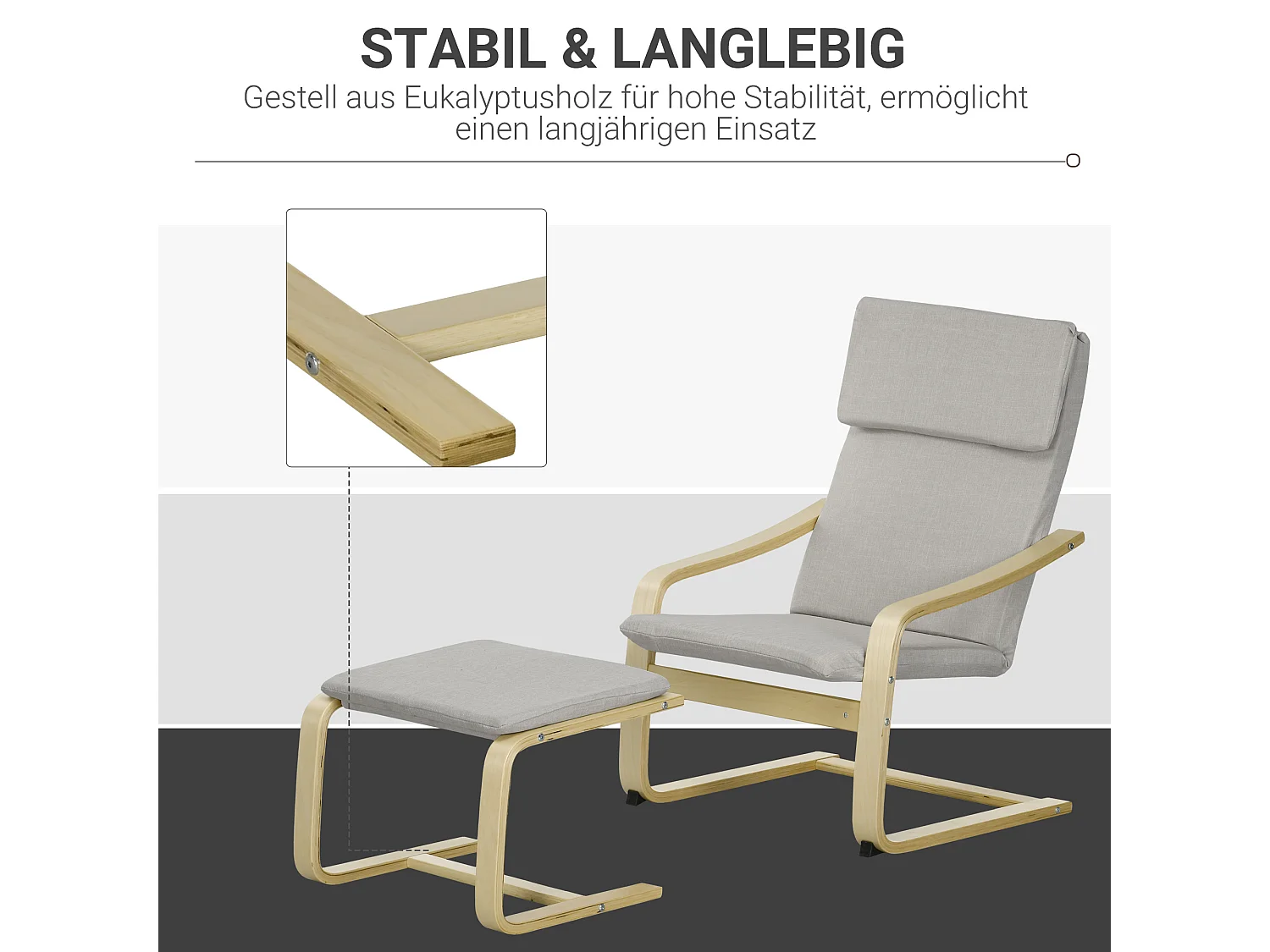 Fauteuil met poef en armleuningen, linnen stof, eucalyptus frame, lichtgrijs (66,5x80x99 cm)