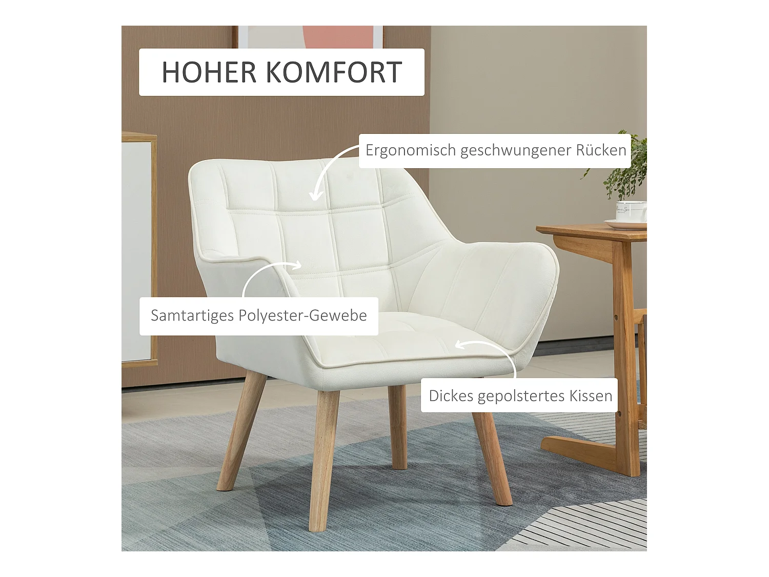 Fauteuil relax avec pieds surélevés, tissu effet velours, pour salon et chambre, crème (67x61.5x71 cm)