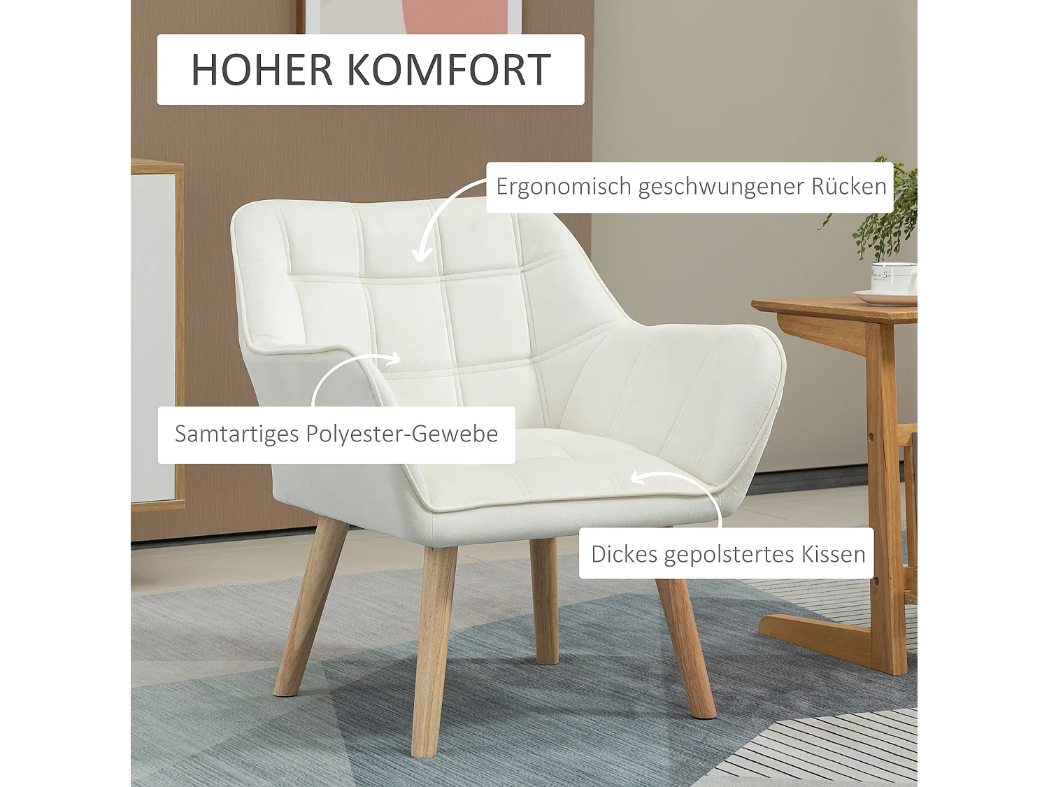 Fauteuil relax avec pieds surélevés, tissu effet velours, pour salon et chambre, crème (67x61.5x71 cm)