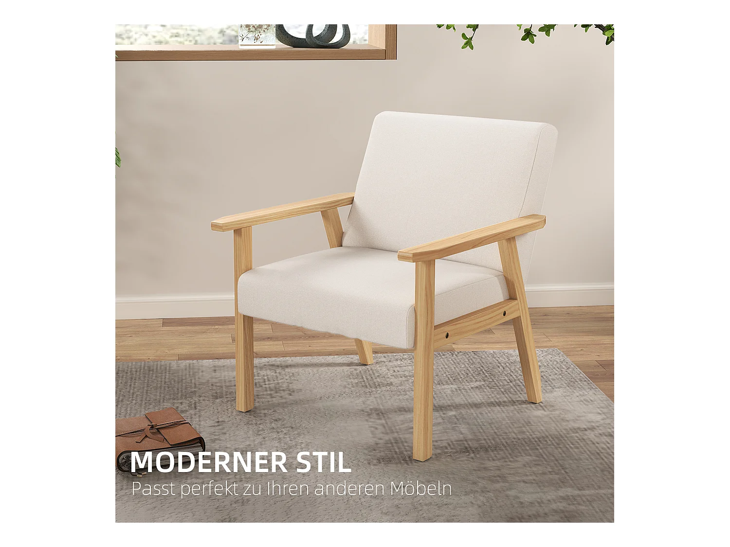 Fauteuil d'angle avec accoudoirs, lin, bois, crème (64x70x72 cm)