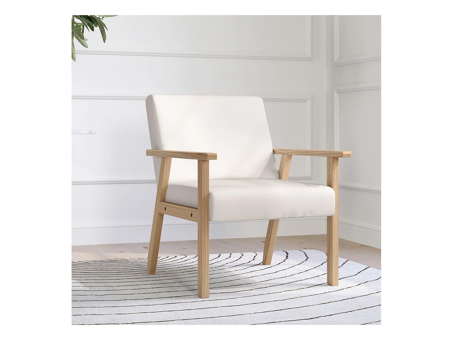 Fauteuil d'angle avec accoudoirs, lin, bois, crème (64x70x72 cm)