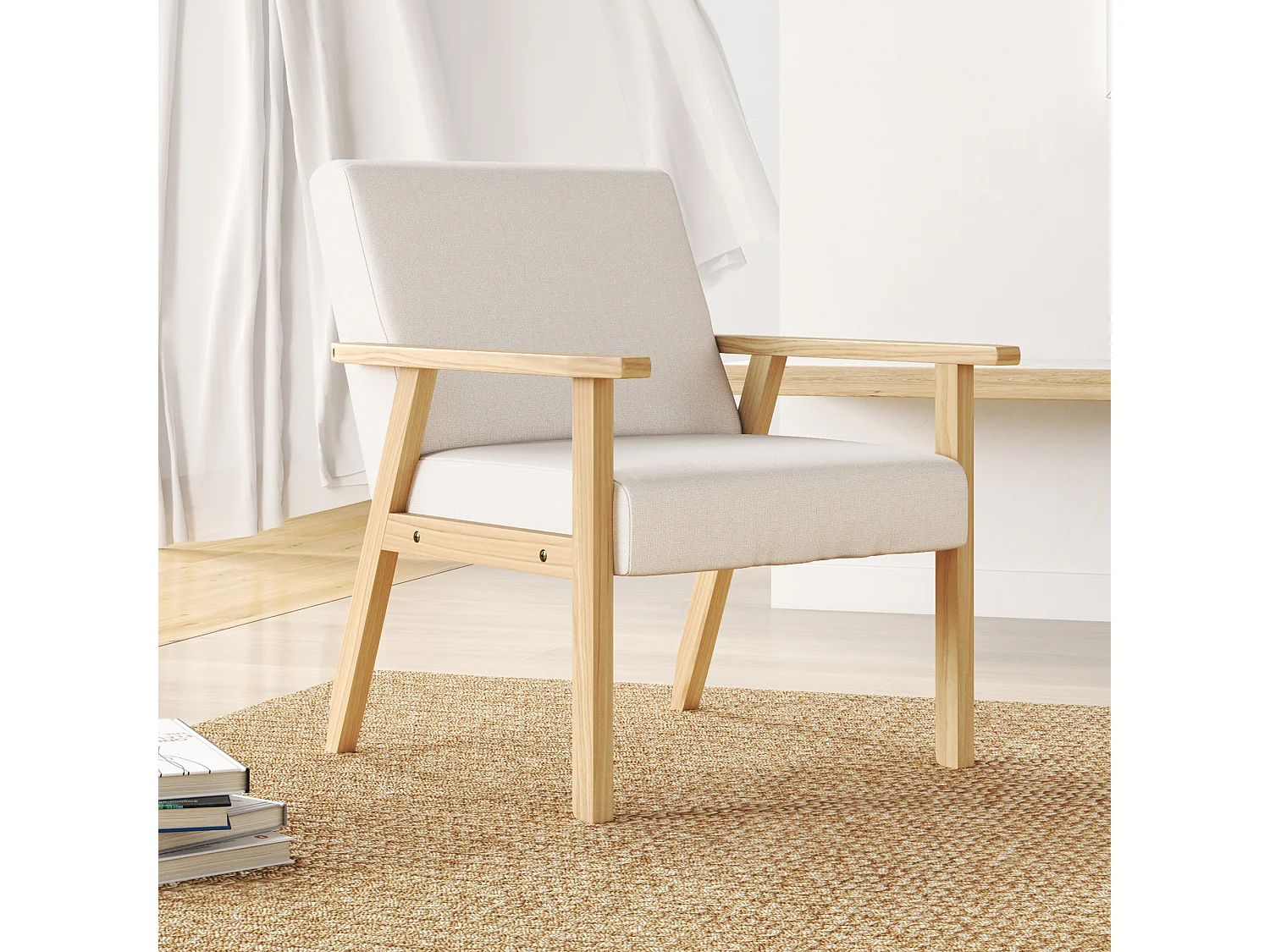 Fauteuil d'angle avec accoudoirs, lin, bois, crème (64x70x72 cm)