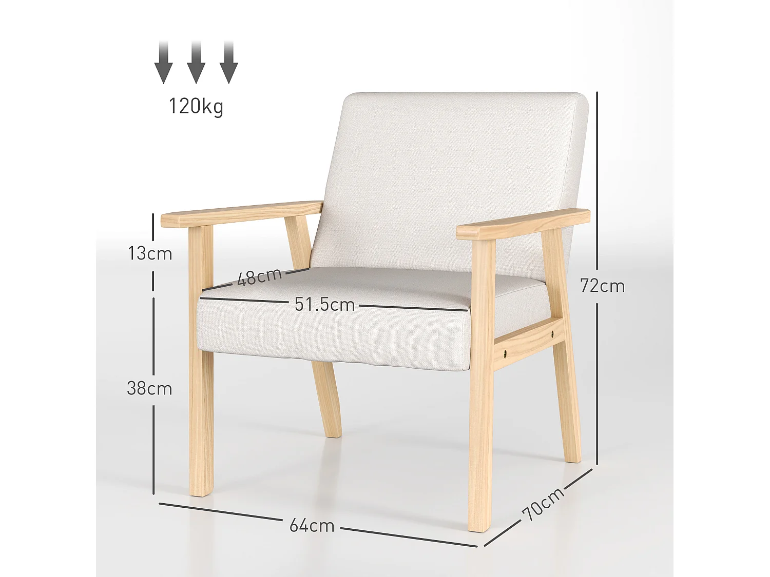 Fauteuil d'angle avec accoudoirs, lin, bois, crème (64x70x72 cm)