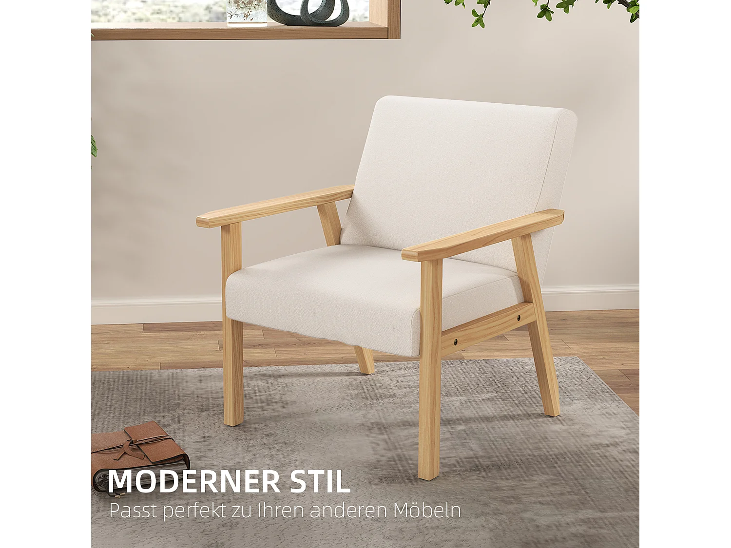 Fauteuil d'angle avec accoudoirs, lin, bois, crème (64x70x72 cm)