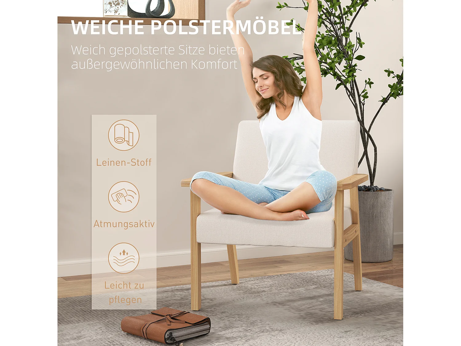 Fauteuil d'angle avec accoudoirs, lin, bois, crème (64x70x72 cm)