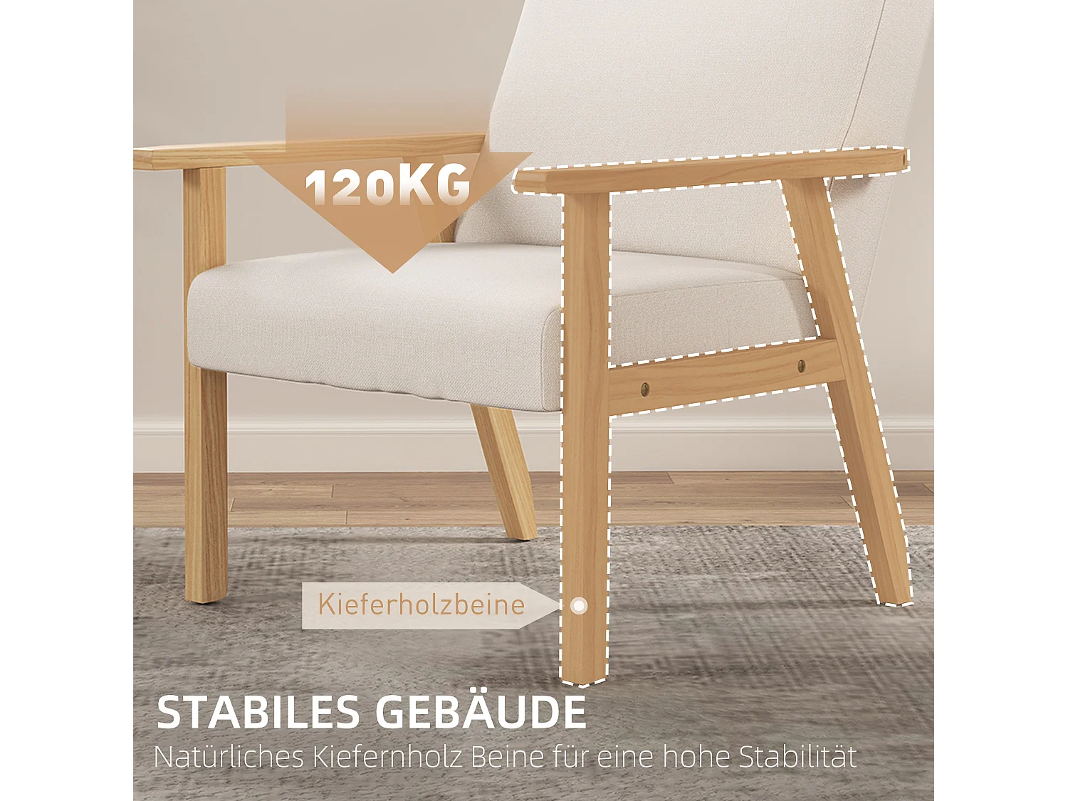 Fauteuil d'angle avec accoudoirs, lin, bois, crème (64x70x72 cm)