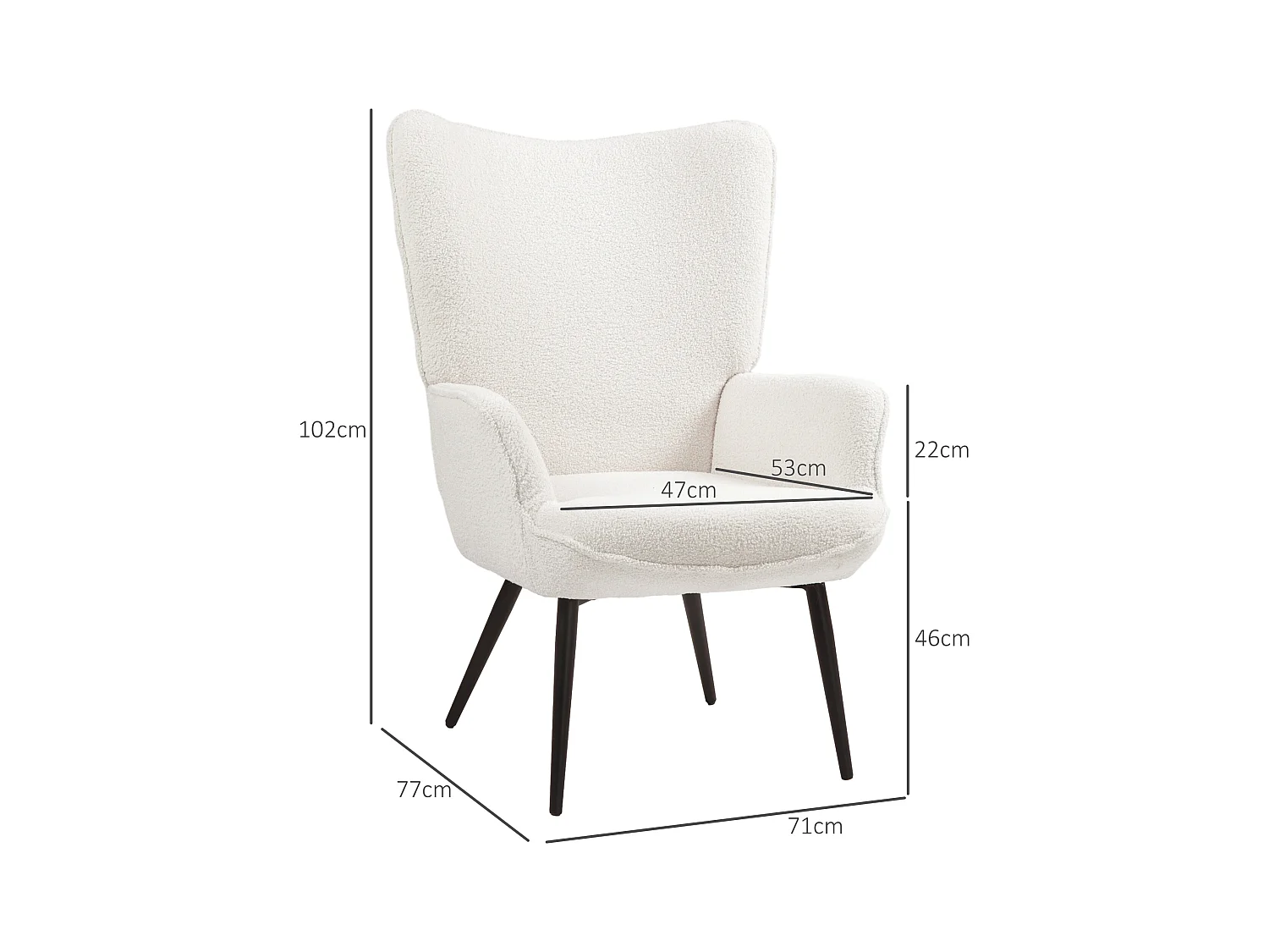 Fauteuil oreiller rembourré avec accoudoirs, pieds métal, polyester crème (71x77x102cm)
