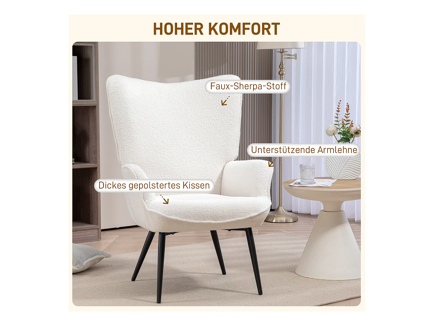 Fauteuil oreiller rembourré avec accoudoirs, pieds métal, polyester crème (71x77x102cm)