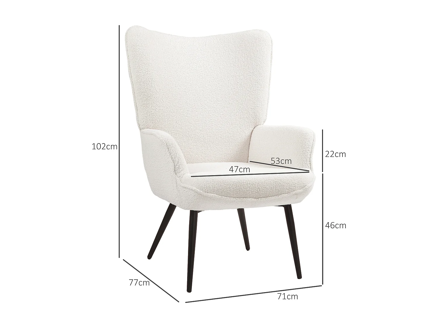 Fauteuil oreiller rembourré avec accoudoirs, pieds métal, polyester crème (71x77x102cm)