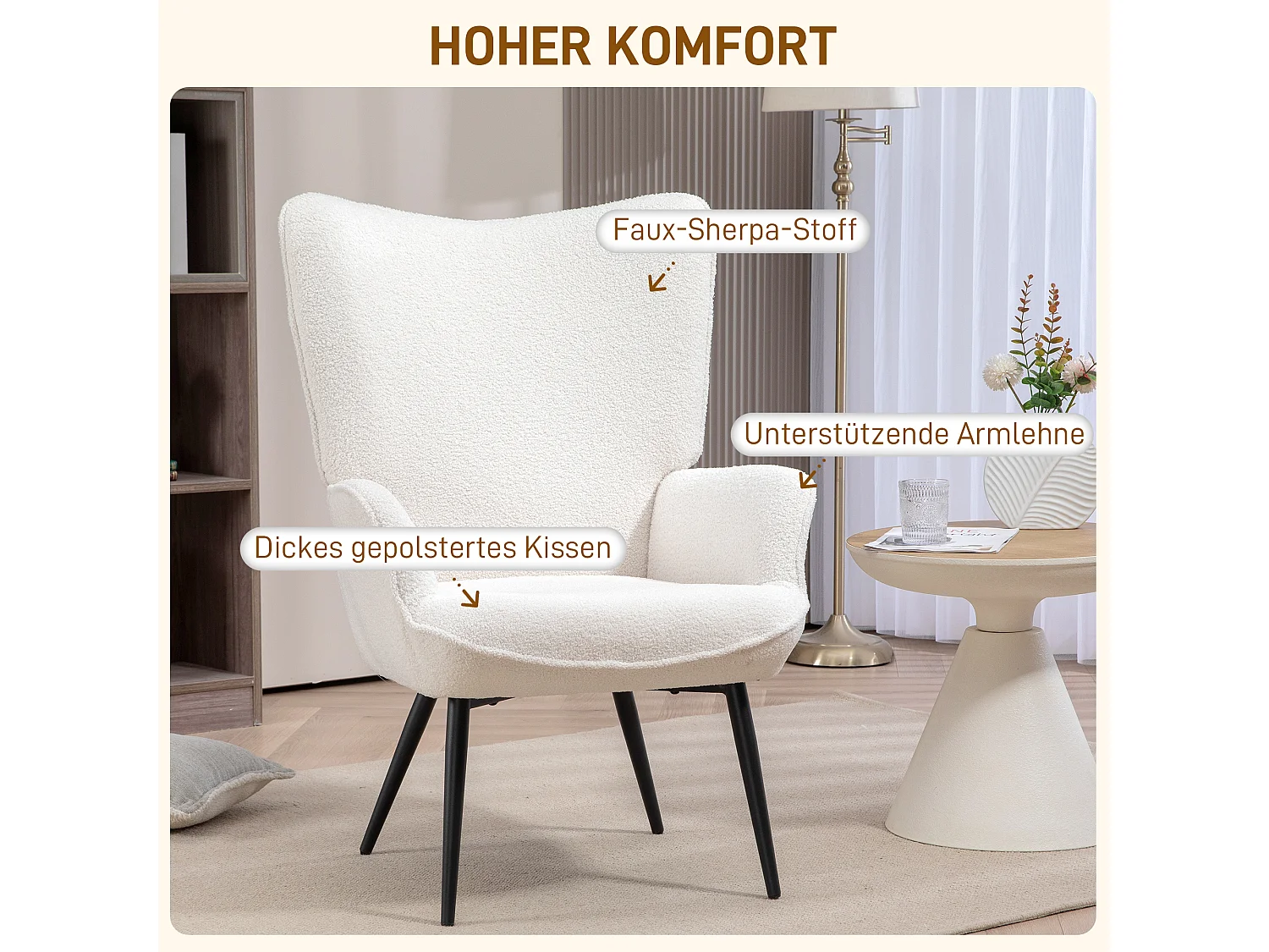 Fauteuil oreiller rembourré avec accoudoirs, pieds métal, polyester crème (71x77x102cm)