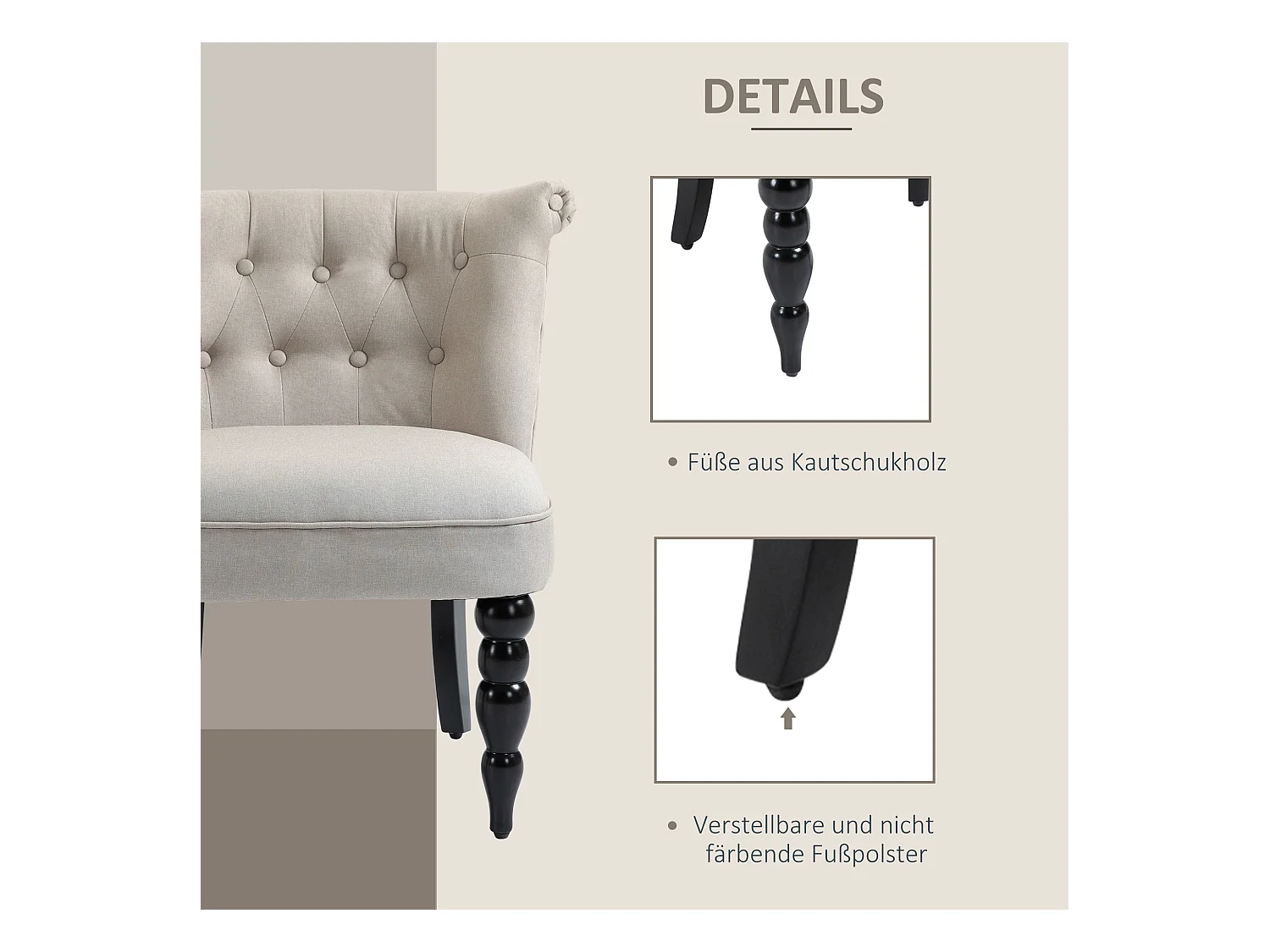 Relaxsessel Vintage en Lin avec Cadre en Bois, Confort Optimal, Beige et Noir (67x67x78 cm)