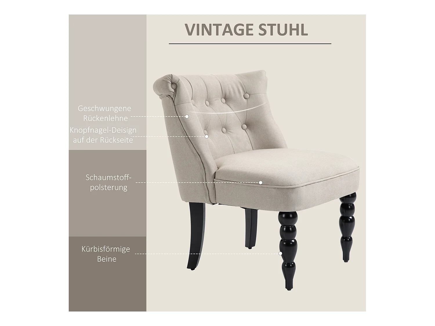 Relaxsessel Vintage en Lin avec Cadre en Bois, Confort Optimal, Beige et Noir (67x67x78 cm)