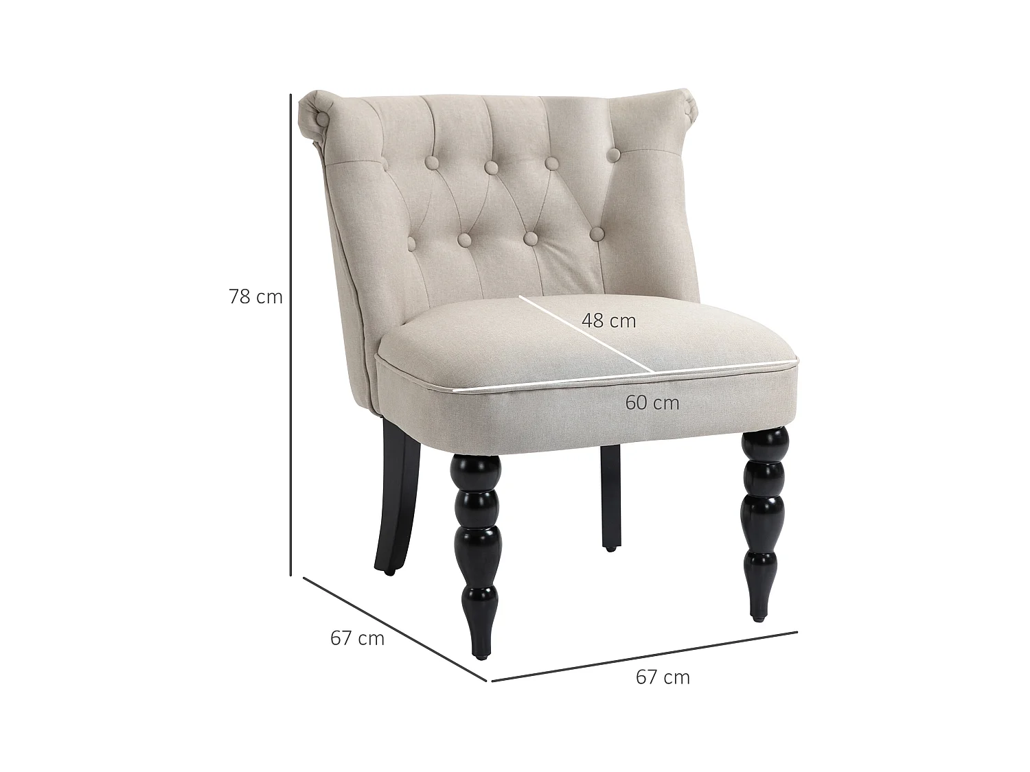 Poltrona relax in lino vintage con struttura in legno, comfort ottimale, beige e nero (67x67x78 cm)