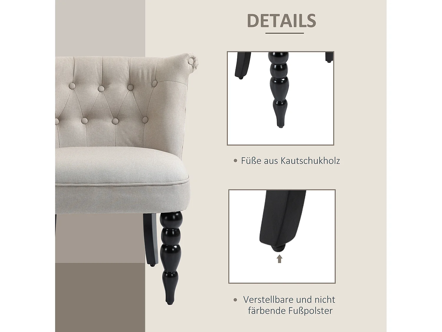 Poltrona relax in lino vintage con struttura in legno, comfort ottimale, beige e nero (67x67x78 cm)