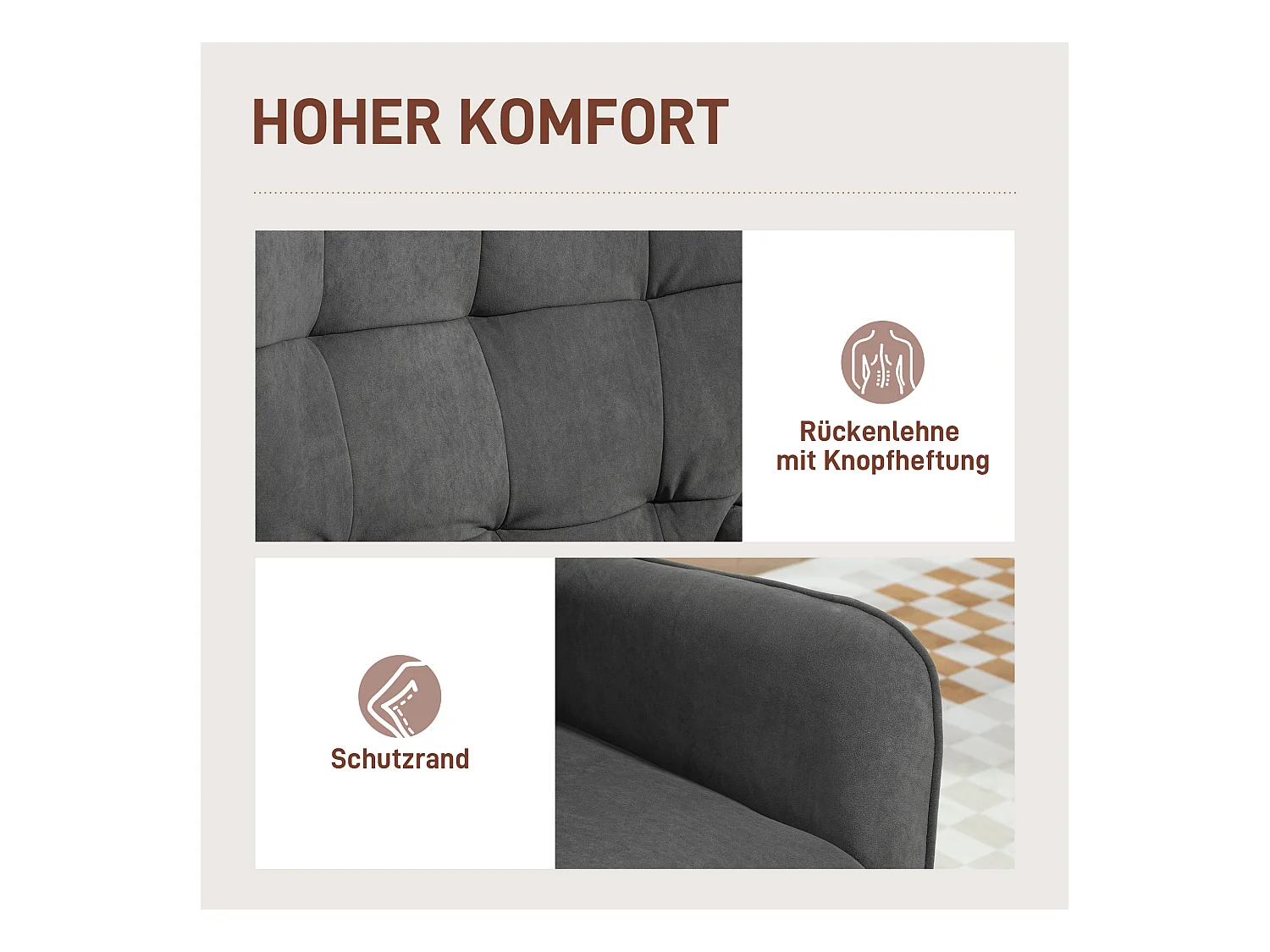 Fauteuil Lounge, Relax, tissu velours, pieds en bois, gris (66x75x100 cm)