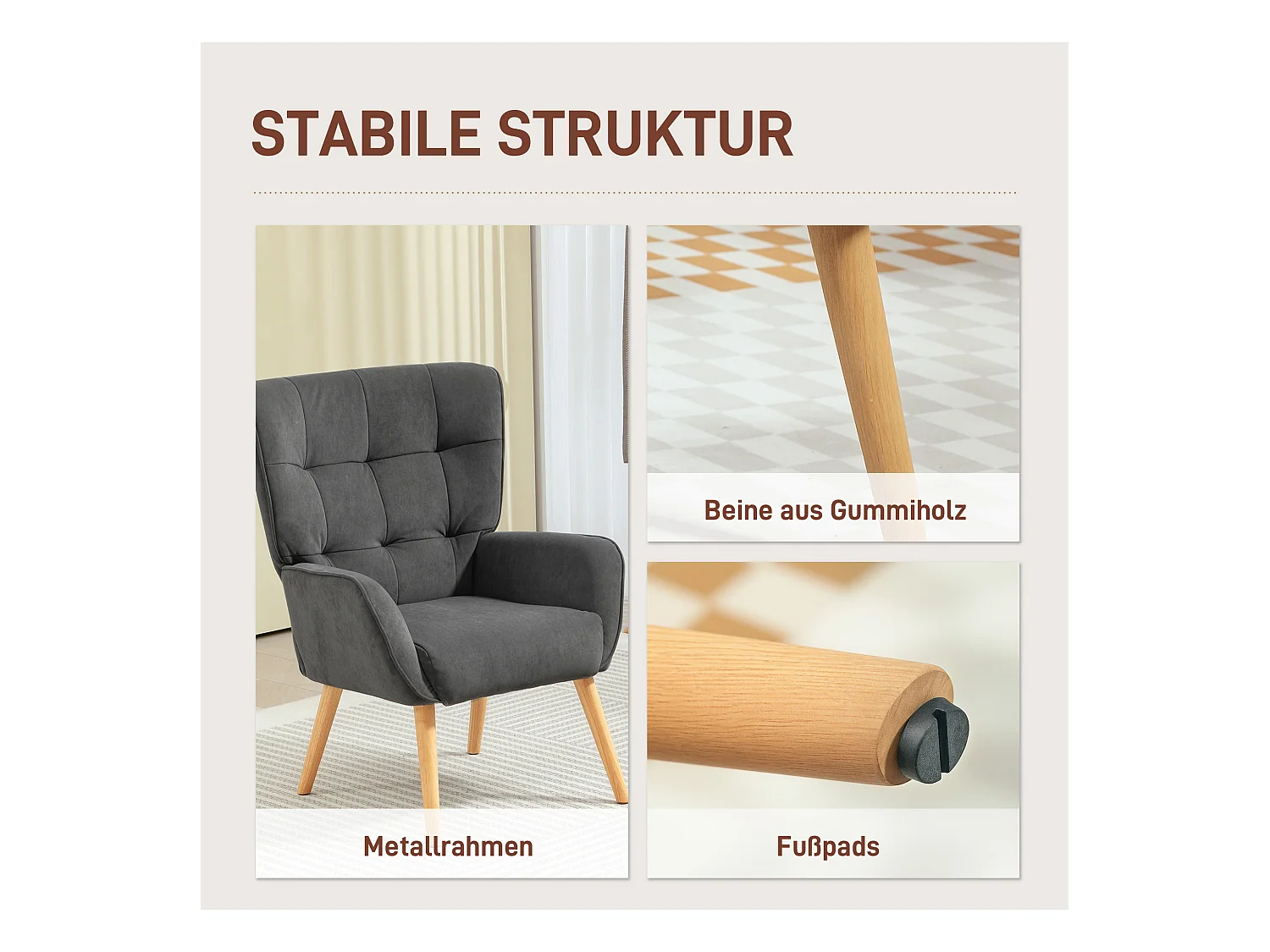 Fauteuil Lounge, Relax, tissu velours, pieds en bois, gris (66x75x100 cm)