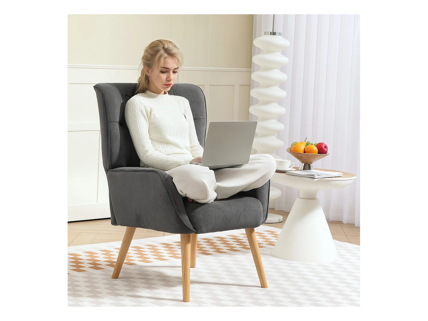 Fauteuil Lounge, Relax, tissu velours, pieds en bois, gris (66x75x100 cm)